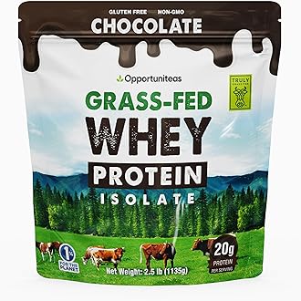 Opportuniteas Grass Fed Chocolate Whey Isolate Protein Powder – 20 g Protein, Heavy-Metal Tested, Made with Organic Cacao & Organic Cane Sugar, Non-GMO, Hormone-Free, Sourced from Ireland, 2.5 lb