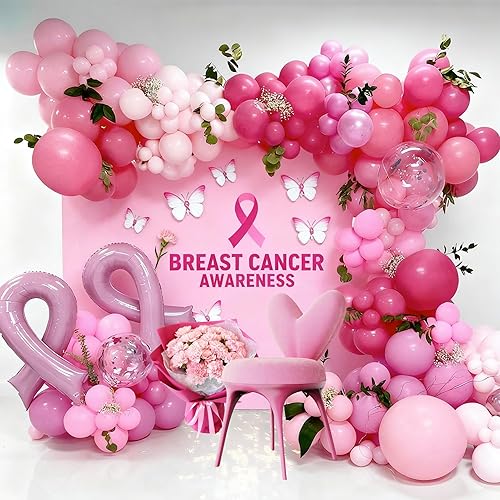 Decoraciones para fiestas de concientización sobre el cáncer de mama, 148 piezas de guirnalda de arco de globos de cinta rosa para mujeres,