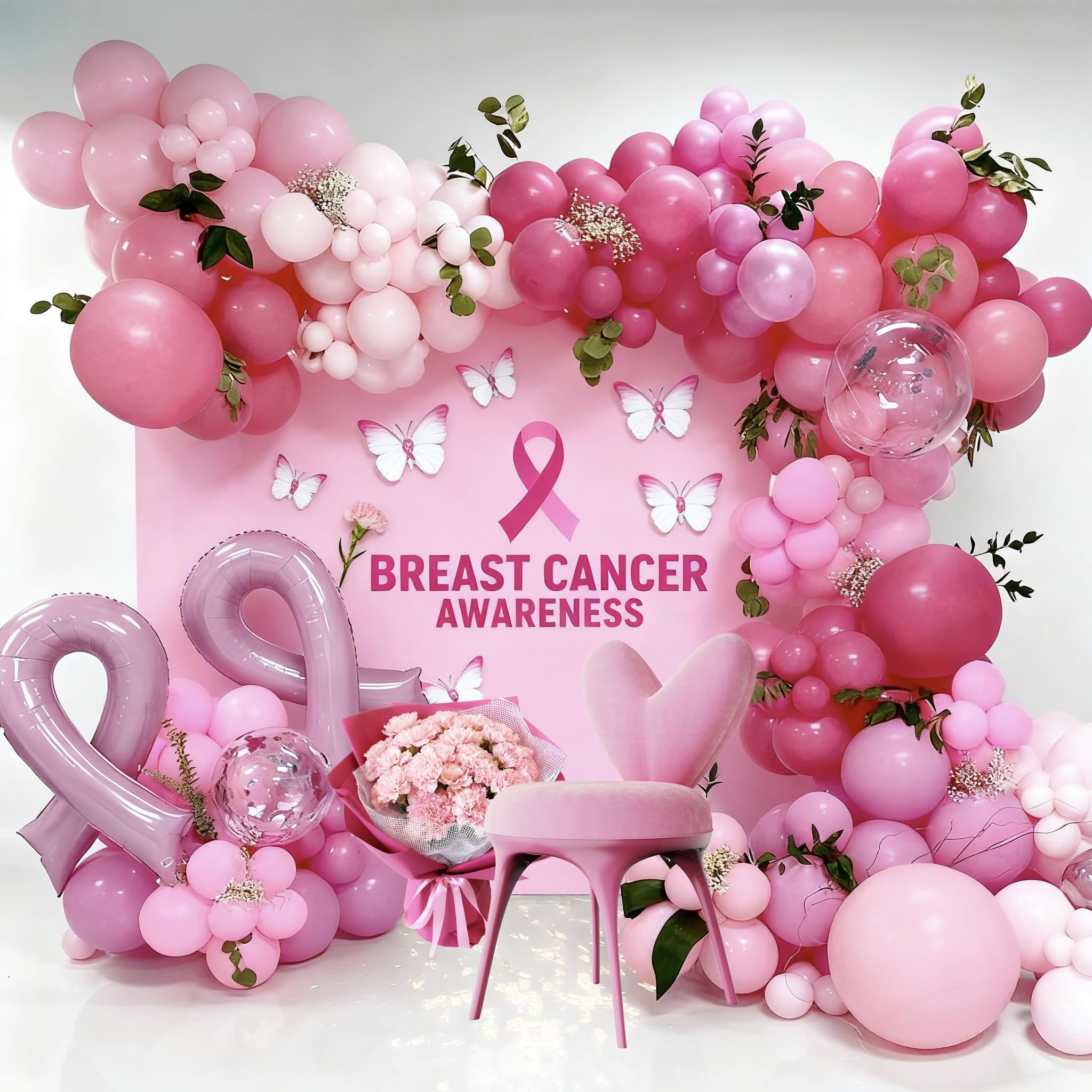 Breast Cancer Awareness Party Decorations,148Pcs Pink Ribbon Balloon Arch Garland Kit for Women Breast Cancer Charity Fundraiser Party Supplies