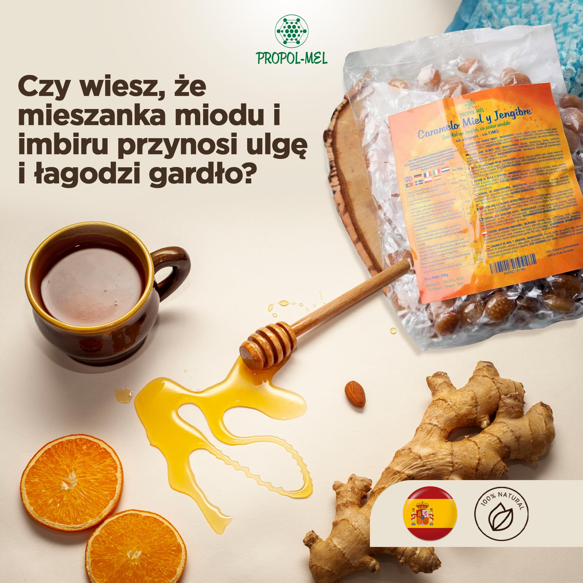 Cukierki Miodowo-Imbirowe x 500g - Bezglutenowe i Bezcukrowe. Hiszpańskie i ręcznej produkcji cukierki na gardło. Zalecany dla osób z nieświeżym oddechem lub nieprzyjemnym zapachem z ust i gardła.