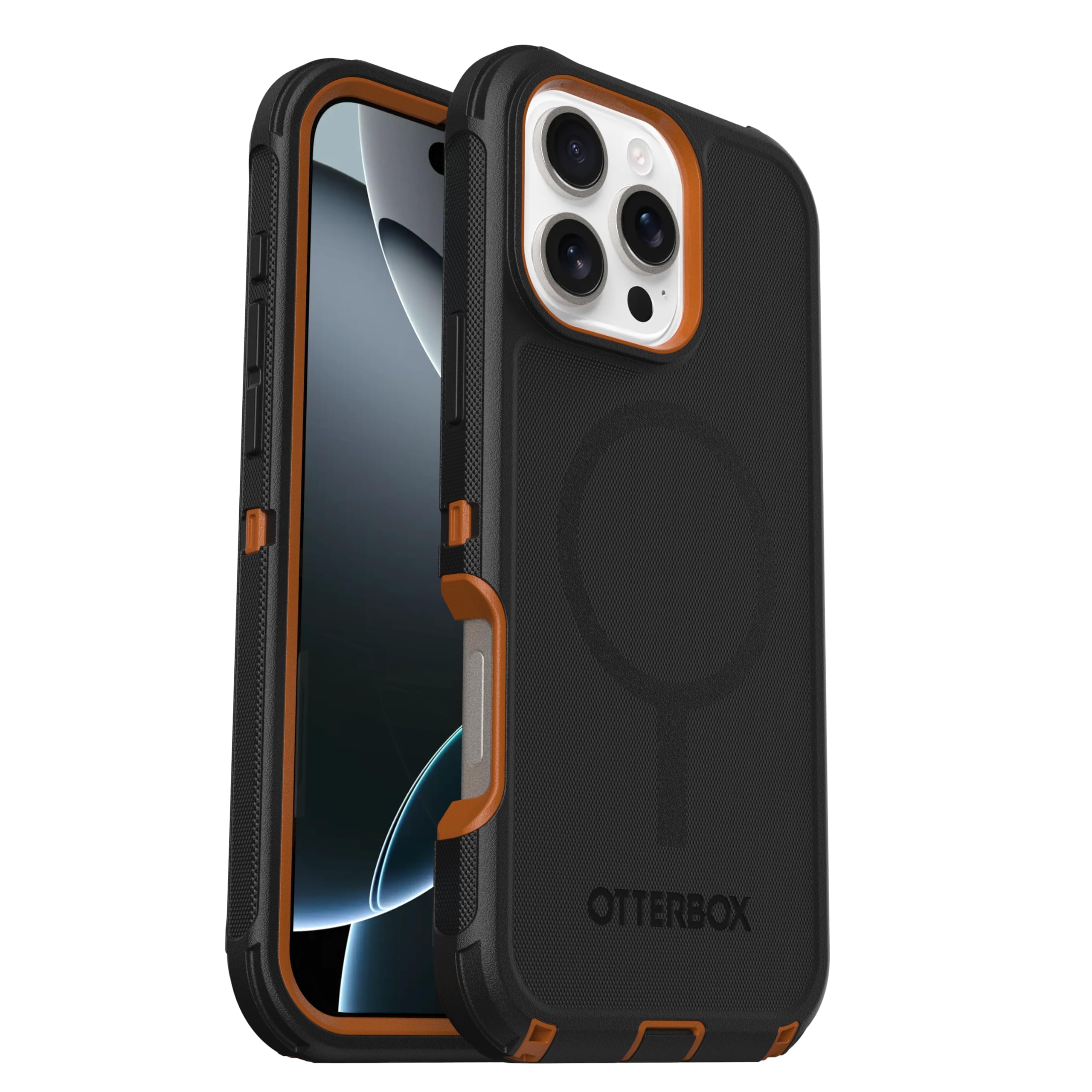 OtterBox Defender Series MagSafe - Carcasa para iPhone 16 Pro MAX (Solamente) - Iron Eclipse (Negro y Naranja) - Imanes incorporados - Sin Pantalla - Resistente y Duradera - con protección de Puerto