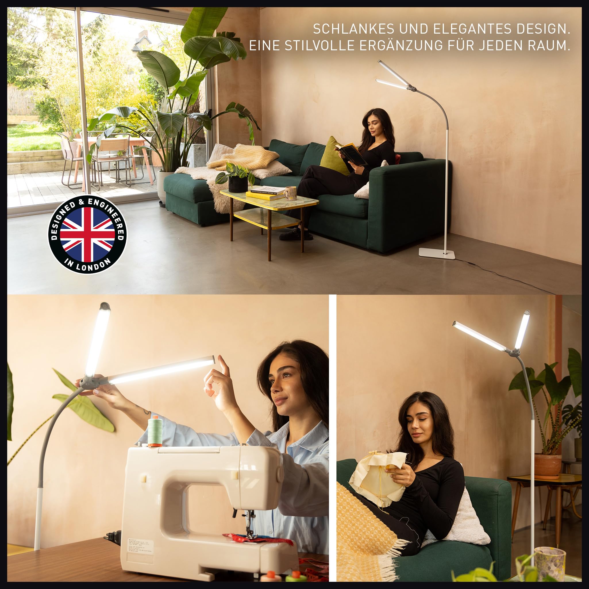 Daylight DuoPro™ LED Stehlampe – Doppelschirm, 6000K, 2090 Lux, 4 Helligkeitsstufen, Flexibler Arm, Stehleuchte für Wohnzimmer, Salons, Wimpern-, Augenbrauen- & Tattoo-Arbeit, Weiß