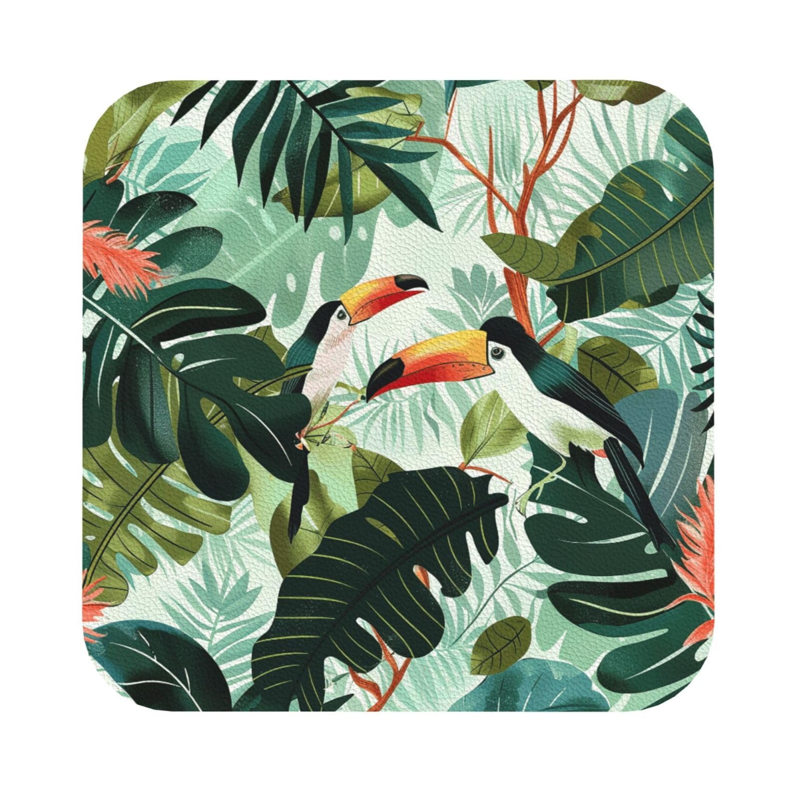 Tropical Leaves Bird Print Leather Coaster Set of 6, Square Coasters Table Decorative Coffee Cup Beverage Coasters Wine Beer Bar Coasters for Hot Drinks Table Protection