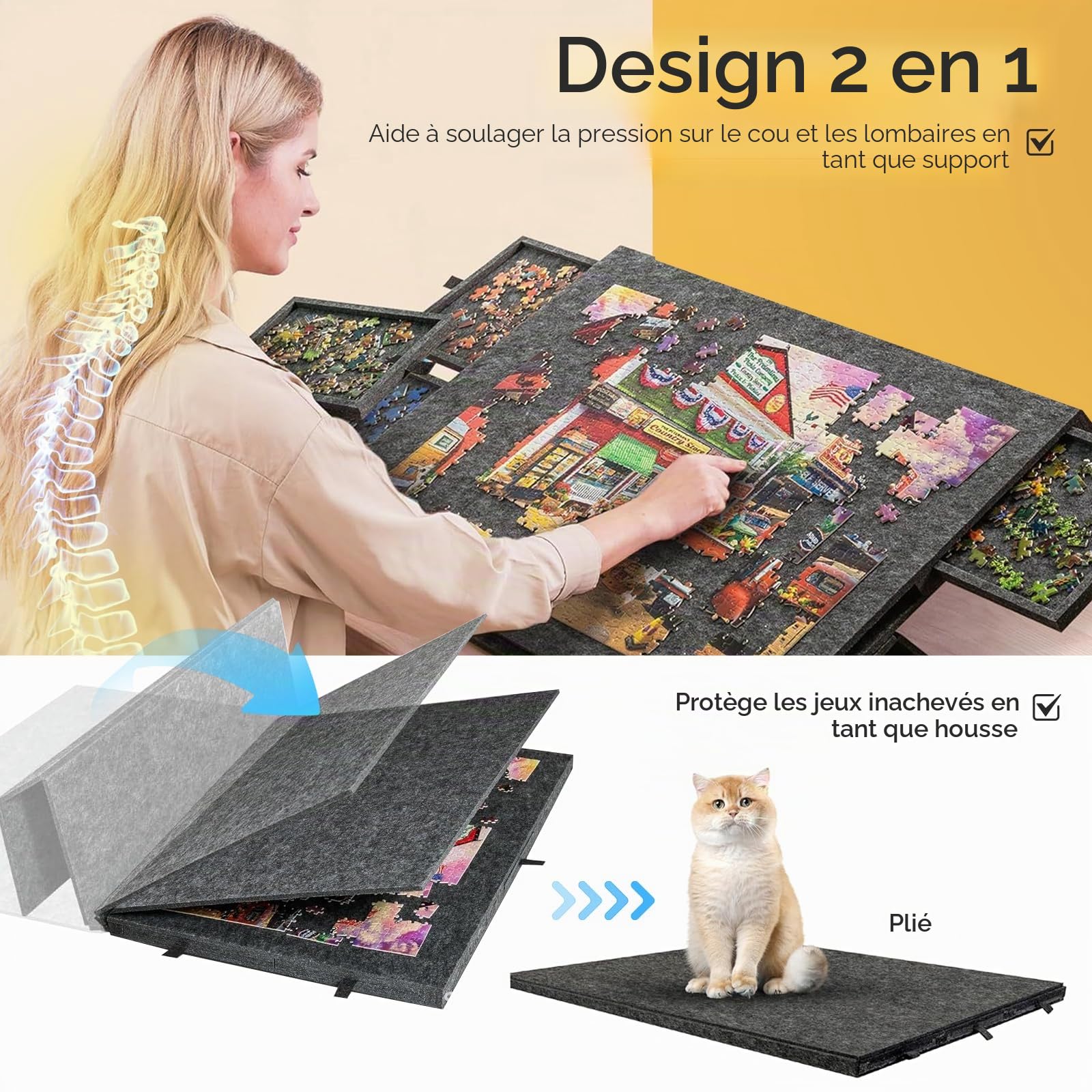 Planche Puzzle 1000 Pieces en Feutre avec 6 Tiroirs, Table Puzzle avec Support et Housse 2 en 1, Puzzle Table Portable pour Adultes, Cadeau de Noël pour Enfants (Noir)