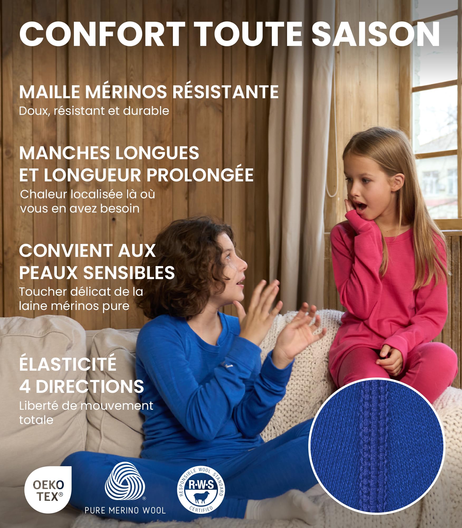 Merino.Tech sous Vetement Merinos Enfant - Moyen Ensemble Thermique Enfant Laine Merinos Pull, ​​Pantalon et Bonnet
