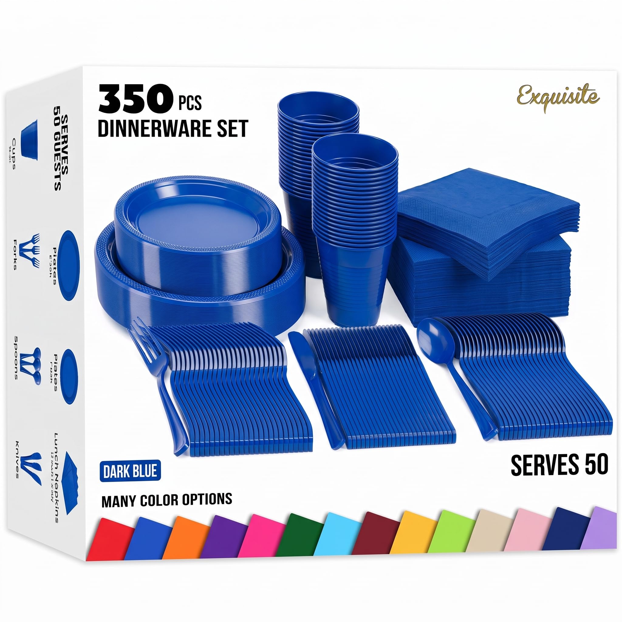 350 Pcs Dark Blue Plastic Plates for Party Dark Blue Disposable Plates Set 50 of Each 9 Dinner Plate Set 7 Dessert Plate Cups Napkins & Cutlery Plastic Dinnerware Set Exquisite