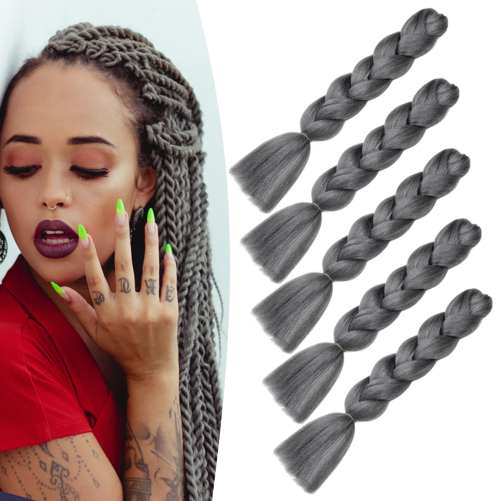 Dcbaboo Extension Capelli per Treccine Africane Grigio Scuro, Extension Treccine Africane 5PCS 500g 60cm Treccia Capelli Finti Sintetici Afro Trecce Ombre Jumbo Braiding Hair Extension per Treccine
