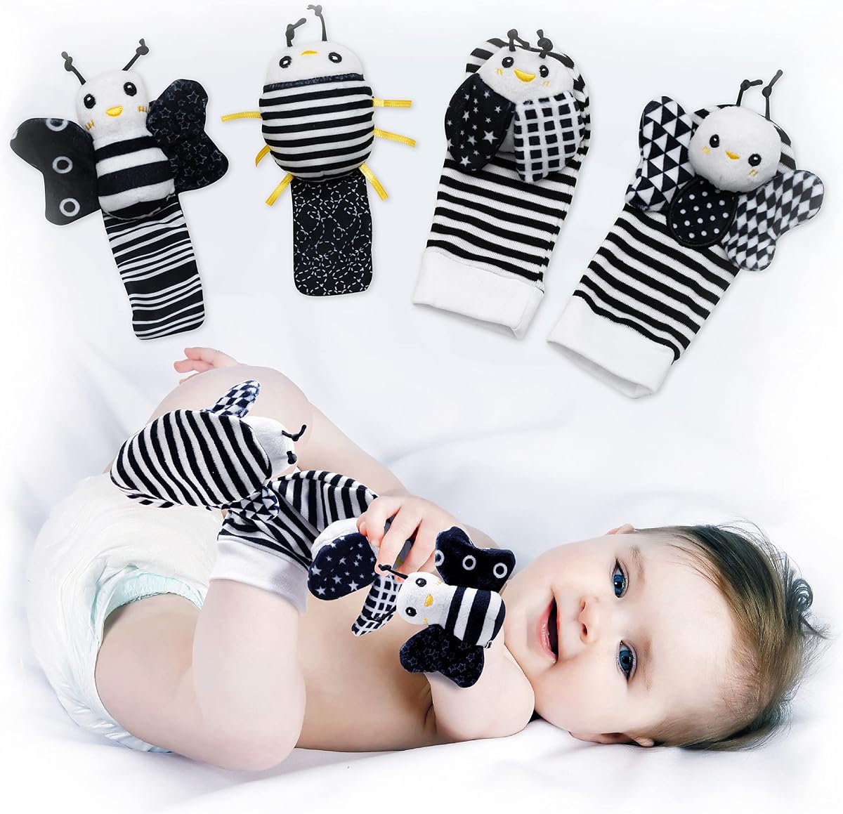 Calcetines y juguetes de muñeca para bebé (juego E) - Juguetes para recién nacidos para bebé niño o niña - Juguetes para bebés para el desarrollo del cerebro - Sonajeros de manos y pies adecuados para bebés de 0 a 6, 6 a 12 meses - Regalos para bebés recién nacidos