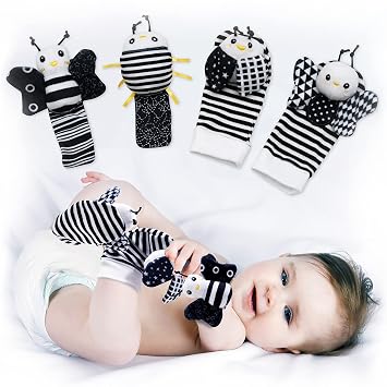 BABY K Baby Rattle Socks & Wrist Toys Set E - Newborn Toys for Baby Boy or Girl - Brain Development Infant Toys - Hand and Foot Rattles Suitable for 0-6, 6-12 Months Babies - Newborn Baby Gifts