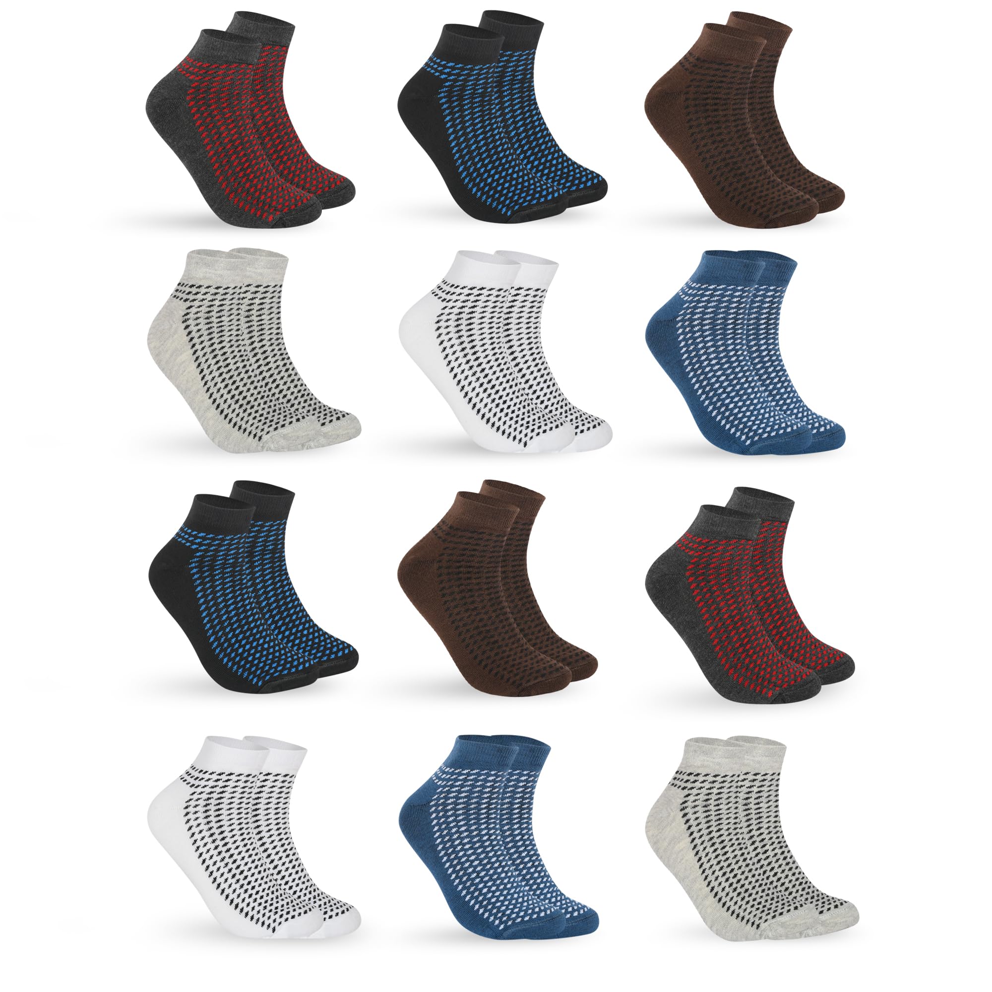 12 Pairs Solid Cotton Ankle Length Socks for Men & Women, Multicolor, Pack of 12, Free Size