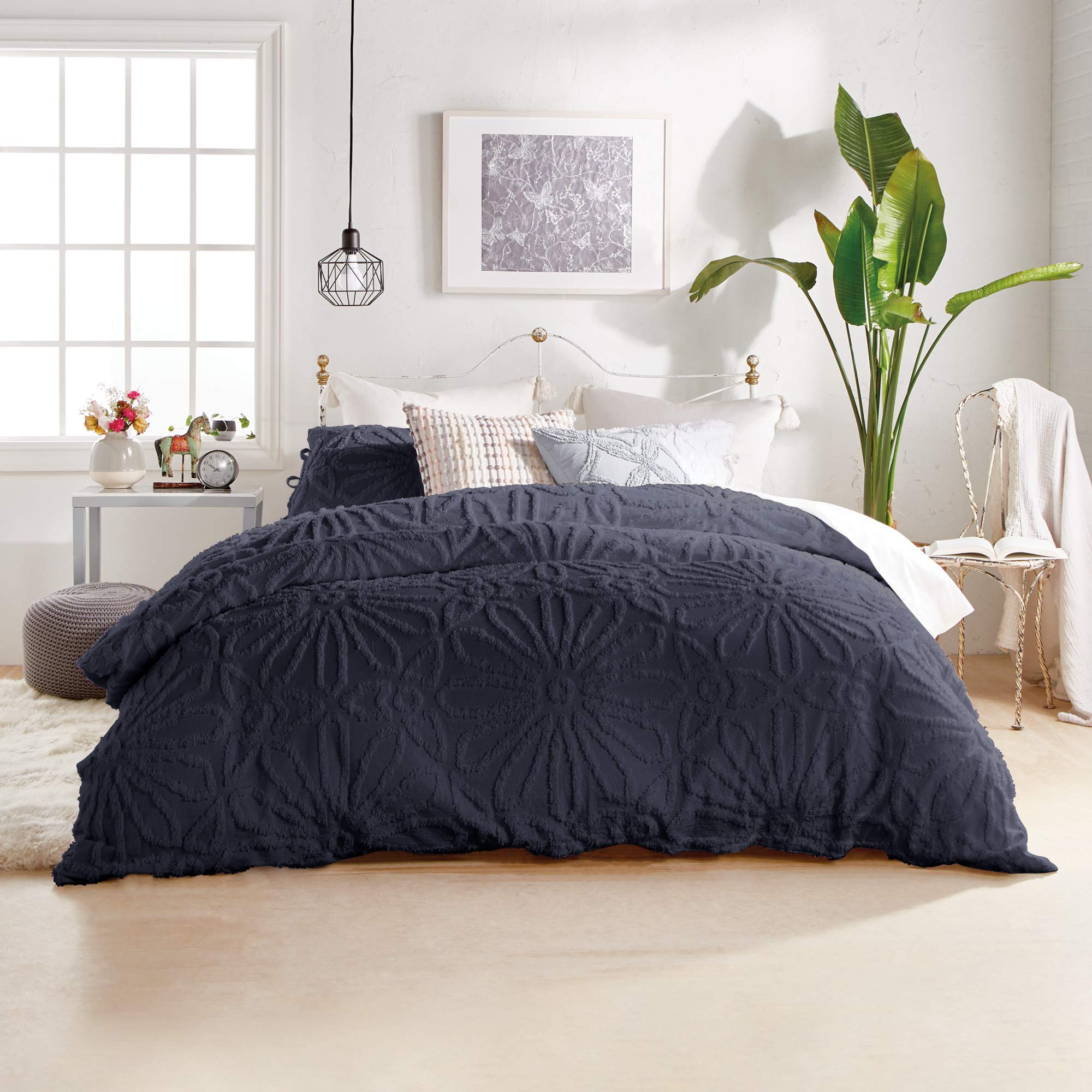 Peri Home Chenille Medallion 100% Cotton 3-Piece Comforter and Sham Set, King, Indigo