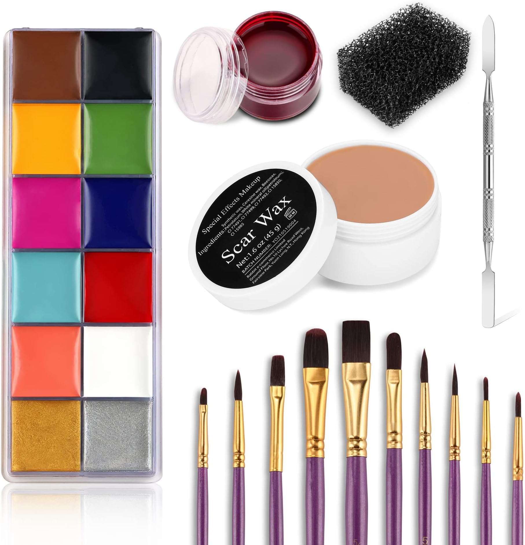 FANICEA Professional Special Effects SFX Makeup Kit with Wound Modeling Scar Wax, 12 Colors Face Body Paint Oil, 10 Purple Brushes, Spatula Tool, Black Stipple Sponge, Coagulated Blood
