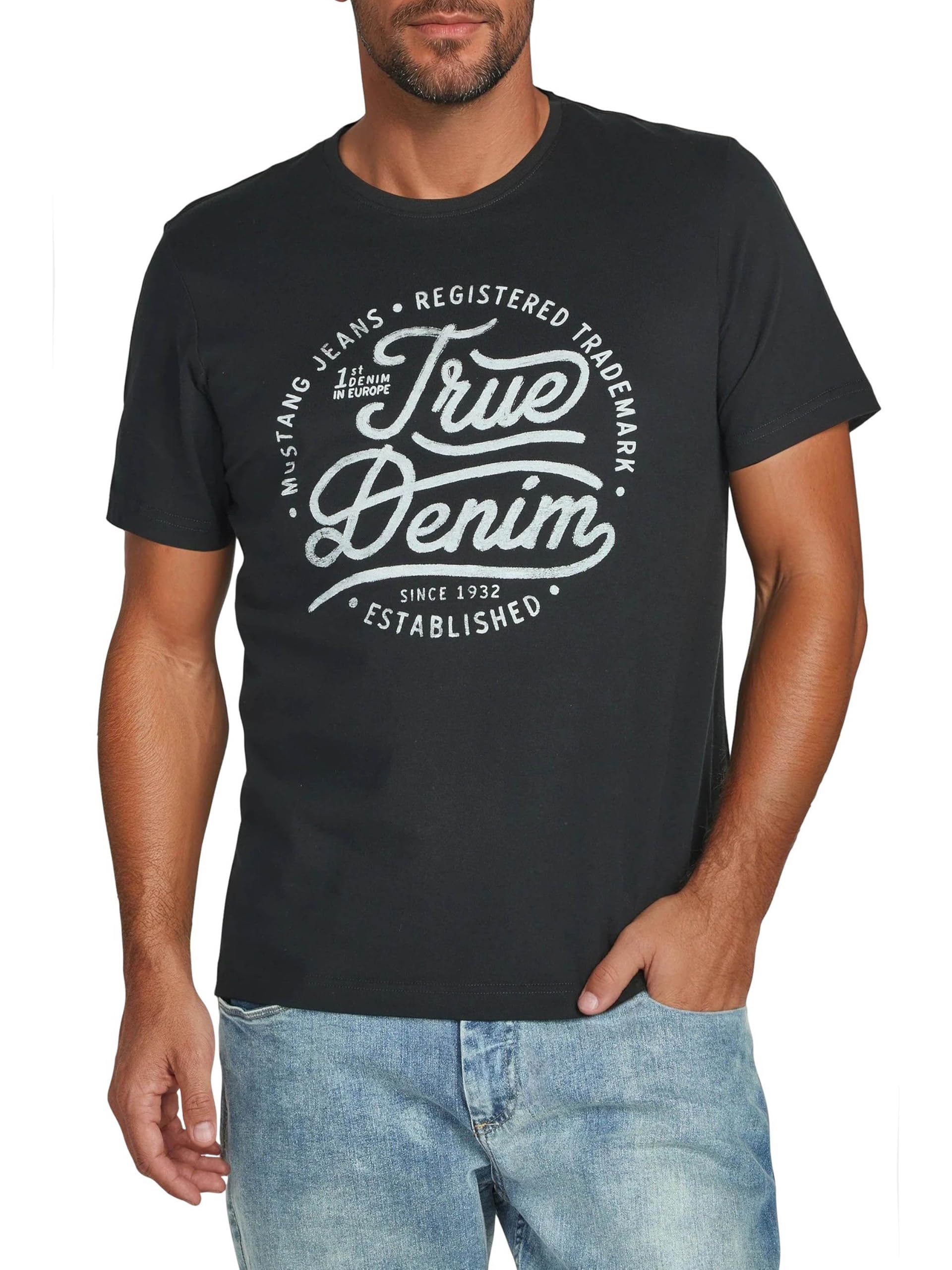 Mustang - Juego de 4 camisetas para hombre con estampado frontal y cuello redondo, mezcla de colores azul y negro Mezcla de colores (P16).