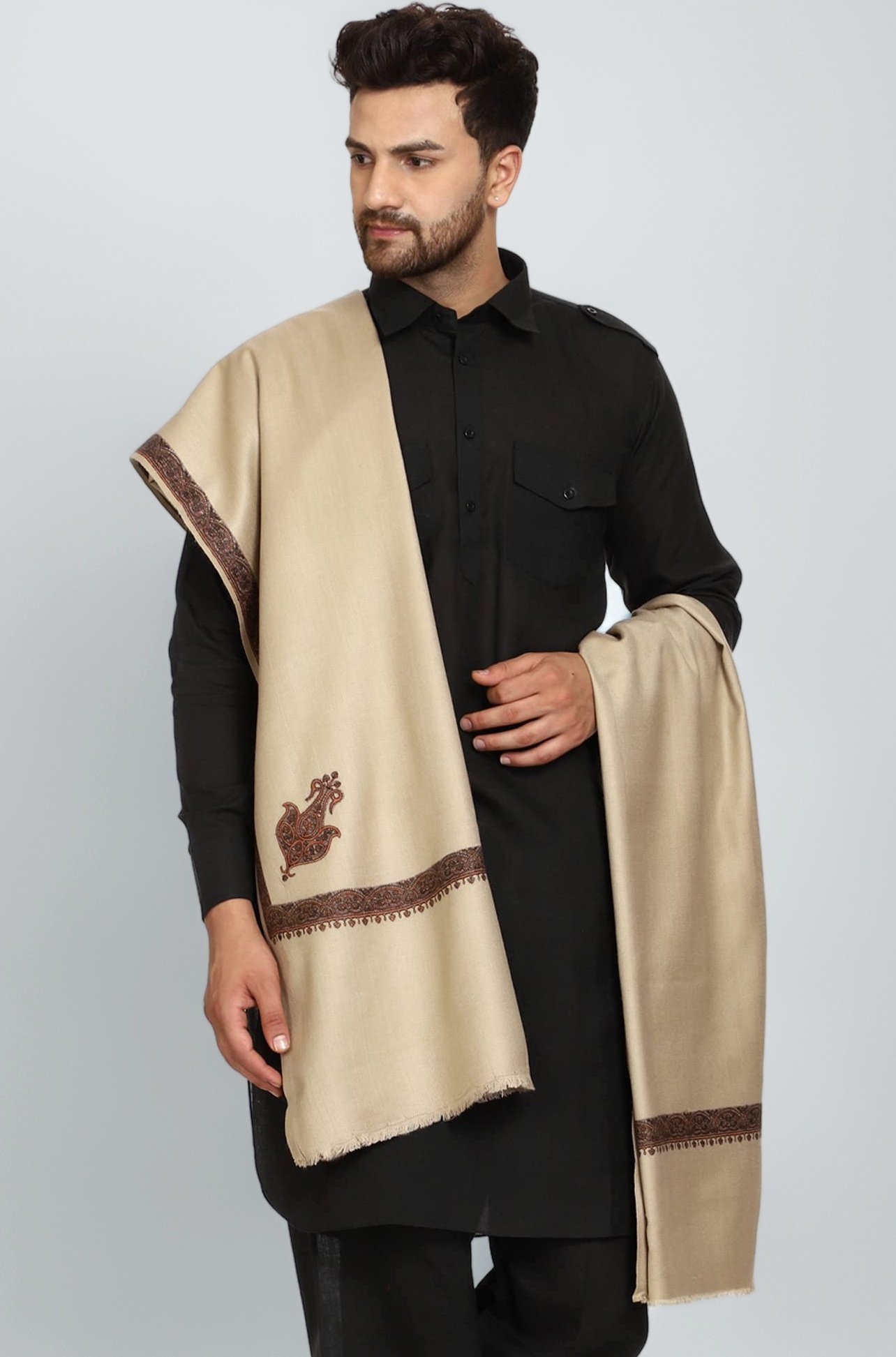 SWI WITH LABEL Men's Embroidered Fine Acrylic Shawl | Men's Shawl Inspired by intricate traditional Kashmiri embroidery work | Felicitation Shawl to honor chief guests