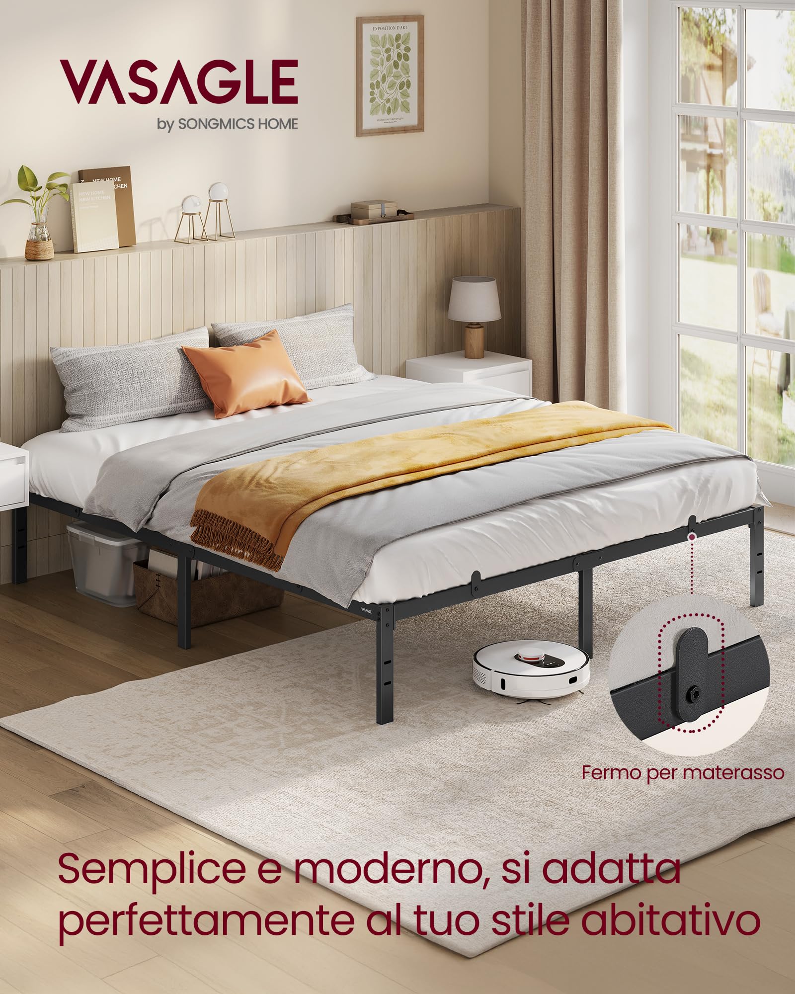 VASAGLE Struttura Letto Matrimoniale, per Materasso 160 x 190 cm, Telaio del Letto in Metallo, Spazio di Organizzazione, Moderno, per Ospiti, Montaggio Semplice, Nero Inchiostro RMB139BD01