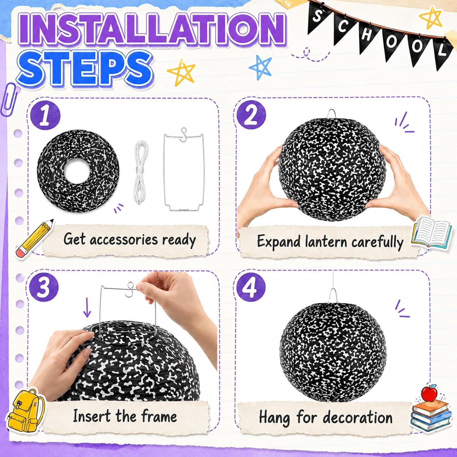 12 PCS Composition Notebook Classroom Hanging Paper Lanterns Back to School Party Decorations Black and White Composition Ceiling Hanging Decorations for School Birthday Party Home Decor