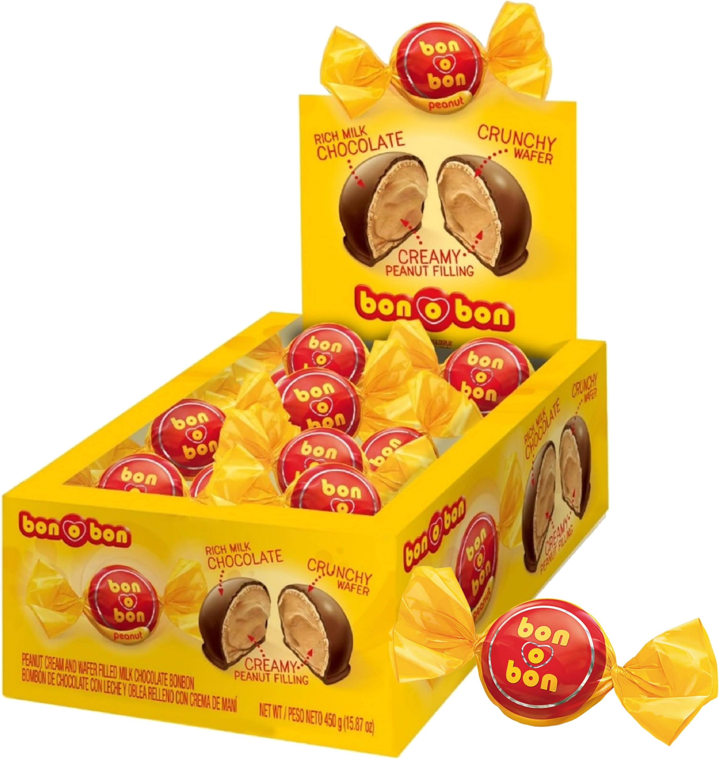 Arcor Bon O Bon Bonbons with Peanut Cream Filling and Wafer 450 Grs.
