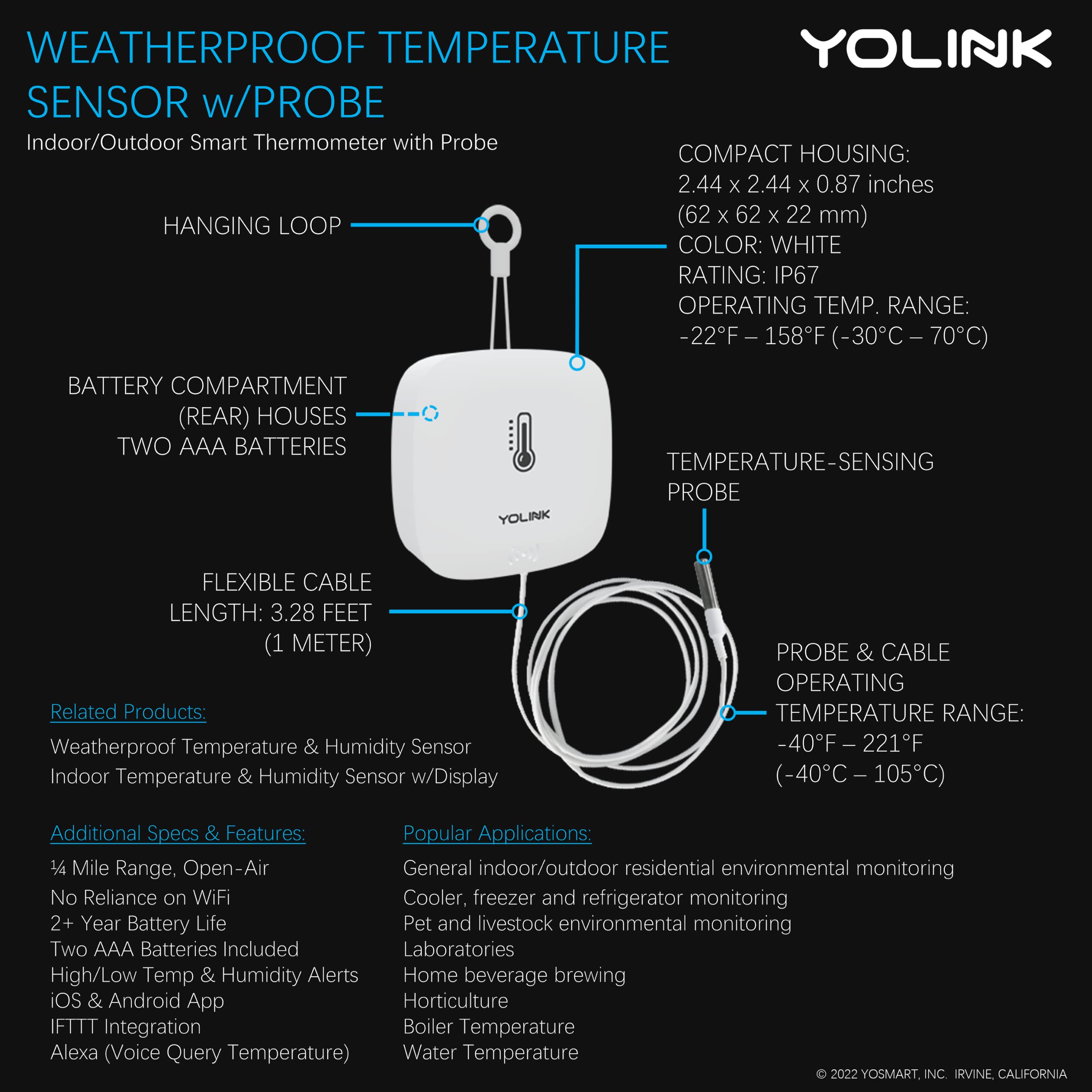 YoLink Weatherproof Temperature Sensor w/Probe, Fluid, Air, Surface
