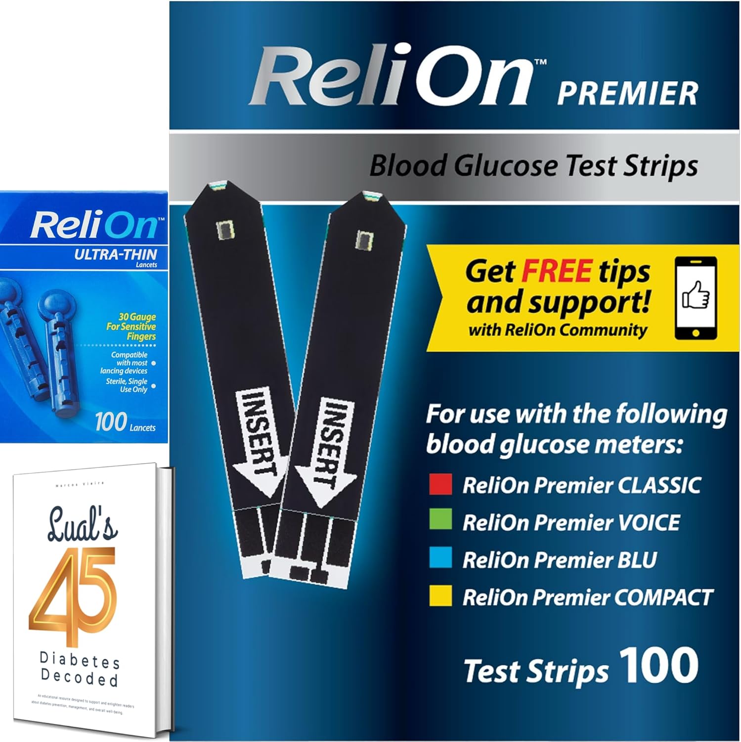 Premier Blood Glucose Test Strips. Premier Test Strips 100 Count + Ultra-Thin Blood Lancets 100 Count + Luall's 45 Diabetes Decoded.
