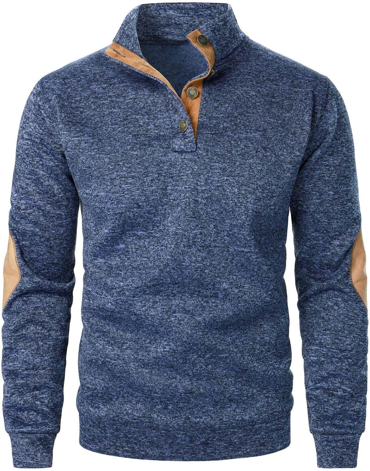 Mens Henley Sweaters Heathered Knit Pullover Long Sleeve Tops | Speckled Yarn Texture, Faux Leather Elbow Patches, Button Placket Sweaters, Classic Preppy Attire, Winter Warm Layer