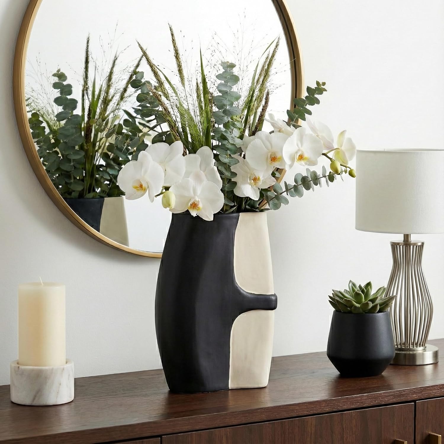 Asymmetrical Vase for Living Room Decor - Modern Pottery Ecomix Flower Vase for Home, Bedroom, Office, and Table Display - Two-Tone Sculptural Display for Room Decor Accent - 15”, Black & Ivory