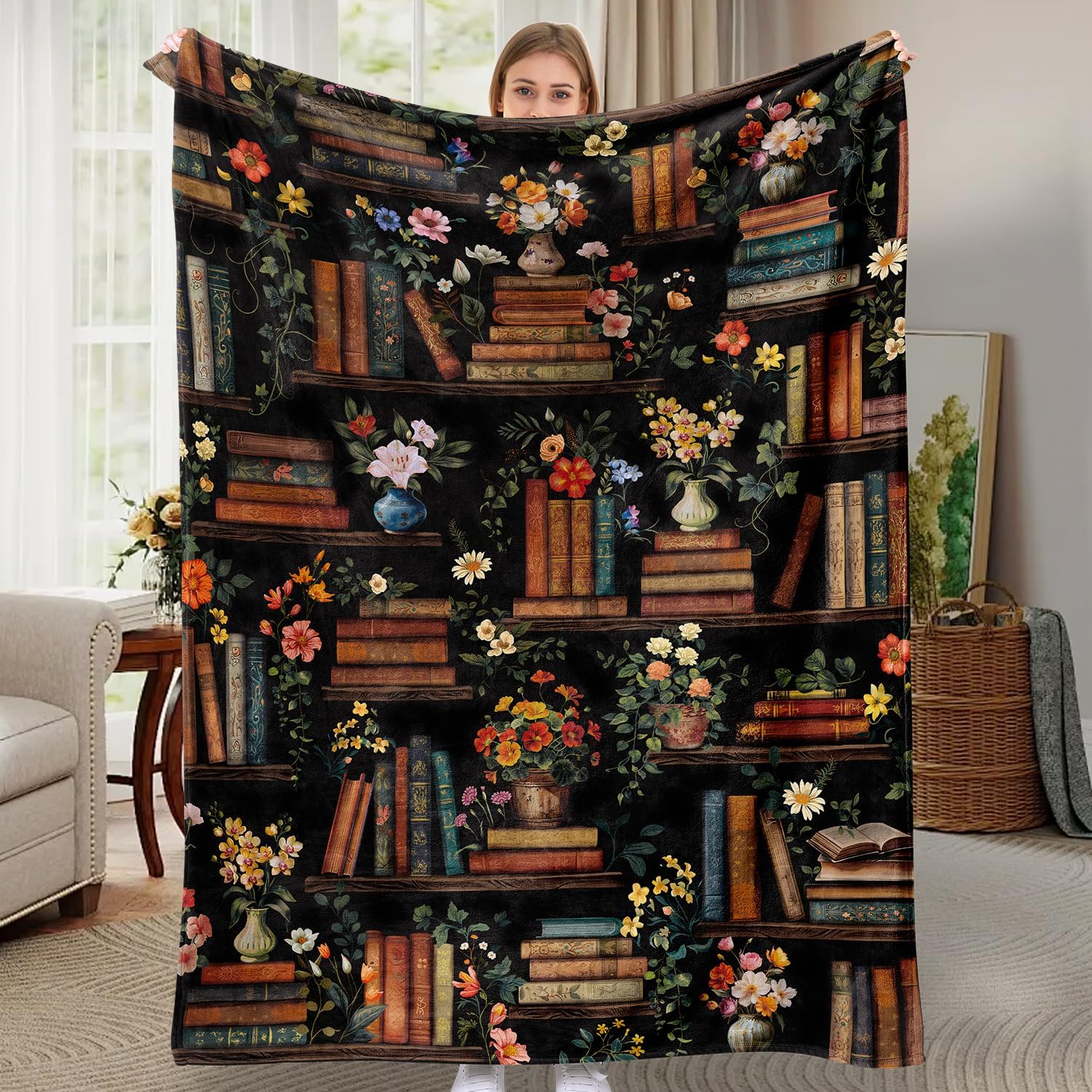 Book Lovers Gifts Blanket Vintage Bookshelf Floral Printed Throw Blanket Ultra Soft Flannel Fleece Throw Blankets Lightweight Cozy Fluffy Plush Blankets for Bed Couch 50"X60"