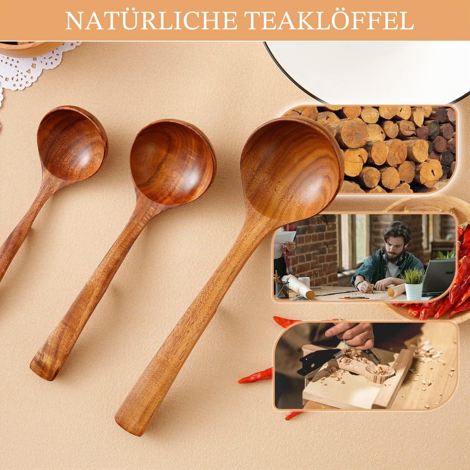 Holzkelle Suppen-Set, 3 Größen, Holzlöffel zum Kochen, antihaftbeschichtet, Kochlöffel aus natürlichem Teakholz, Küchenutensilien-Set