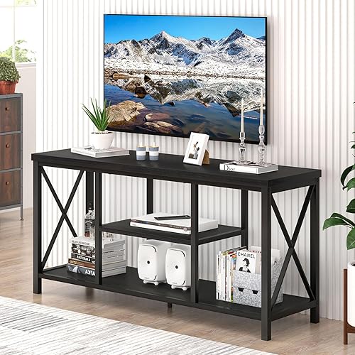 Miniatura 12 de EXCEFUR Soporte de TV de 55 pulgadas para televisores de hasta 65 pulgadas, moderno centro de entretenimiento con estantes de almacenamiento, Marrón