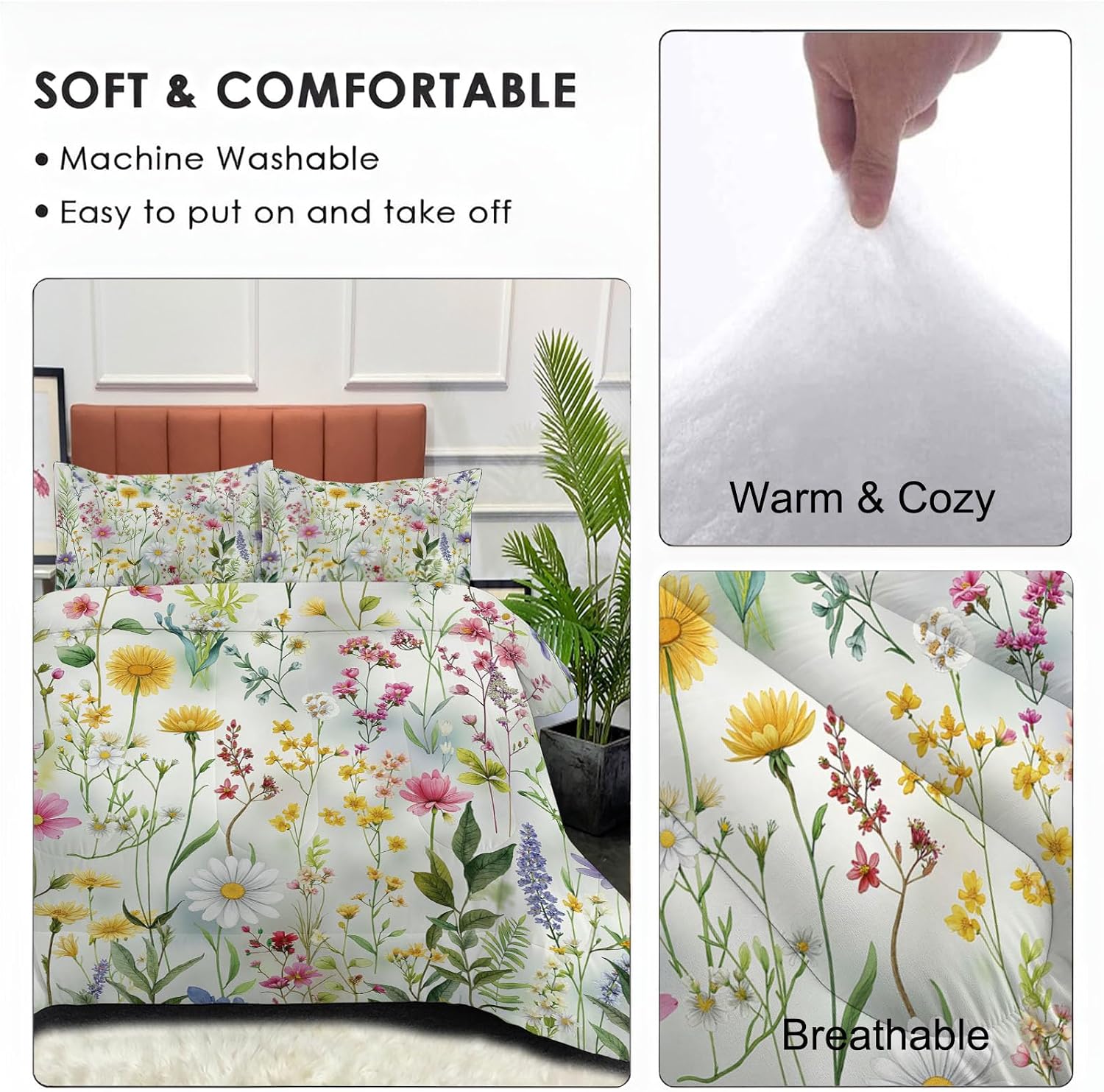 Abstract Leaves Comforter Set Twin Size, Elegant Wildflowers Bedding Set for Teens Adults Room, White Soft 68" x 86" Quilt with 1 Pillow Cases, Lightweight White Quilt for All Season