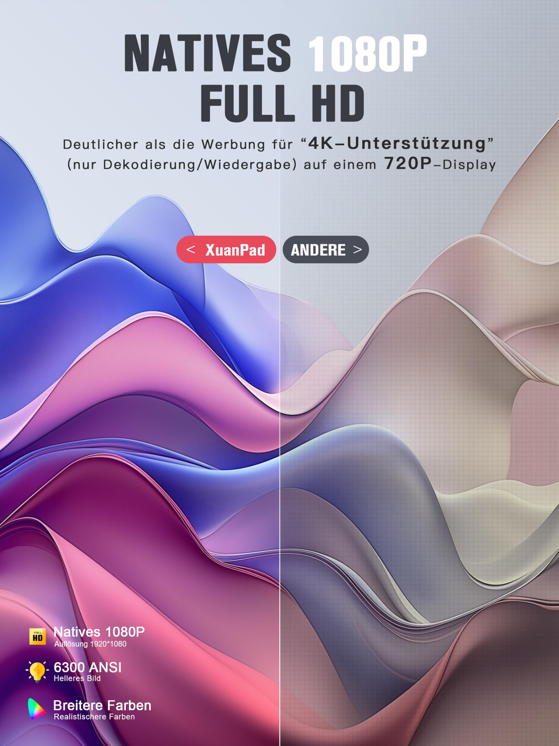 Smart Mini Beamer 4K Kompatibel mit Netflix & Dolby Audio, XuanPad 30000 Lumen Beamer mit TOF Autofokus & Trapezkorrektur, WiFi6 & Bluetooth, 210° Heimkino/Outdoor Silver Projektor für Handy/PC