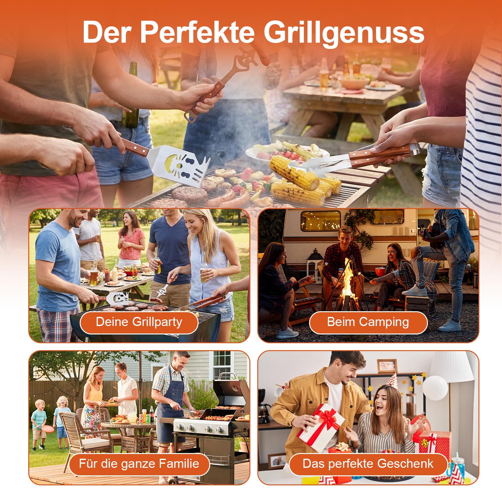 Grillbesteck Set 3-TLG, 8 in 1 BBQ Grillspachtel mit Holzgriff, EdelstahI, 42 * 9.5cm Einzigartige Grillwerkzeuge, Multifunktionales Grill Zubehör, Professional Grill Geschenke für männer