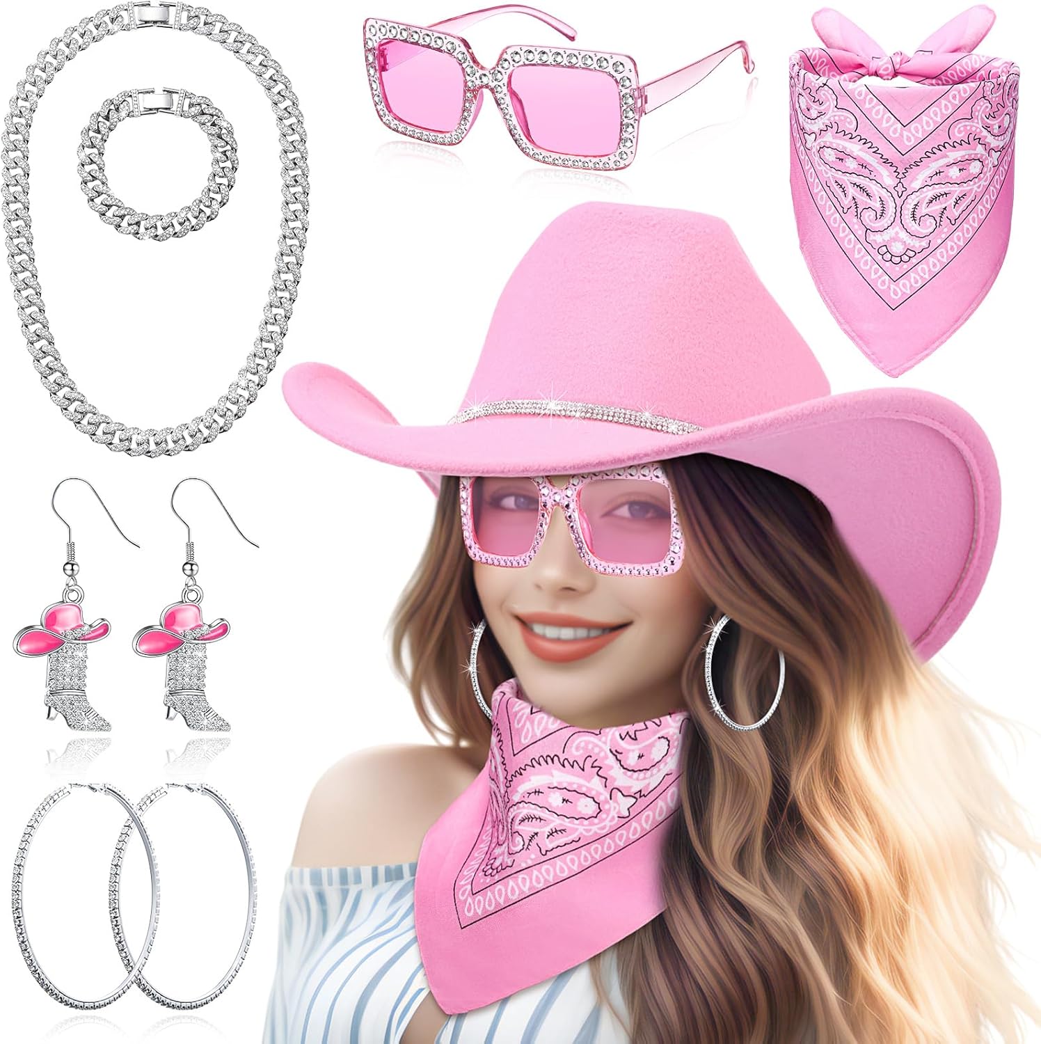 Hercicy 7 Pcs Western Costume Outfit Women Glitter Hat Sunglasses Bandana Bracelet Earring Accessory Halloween Cosplay