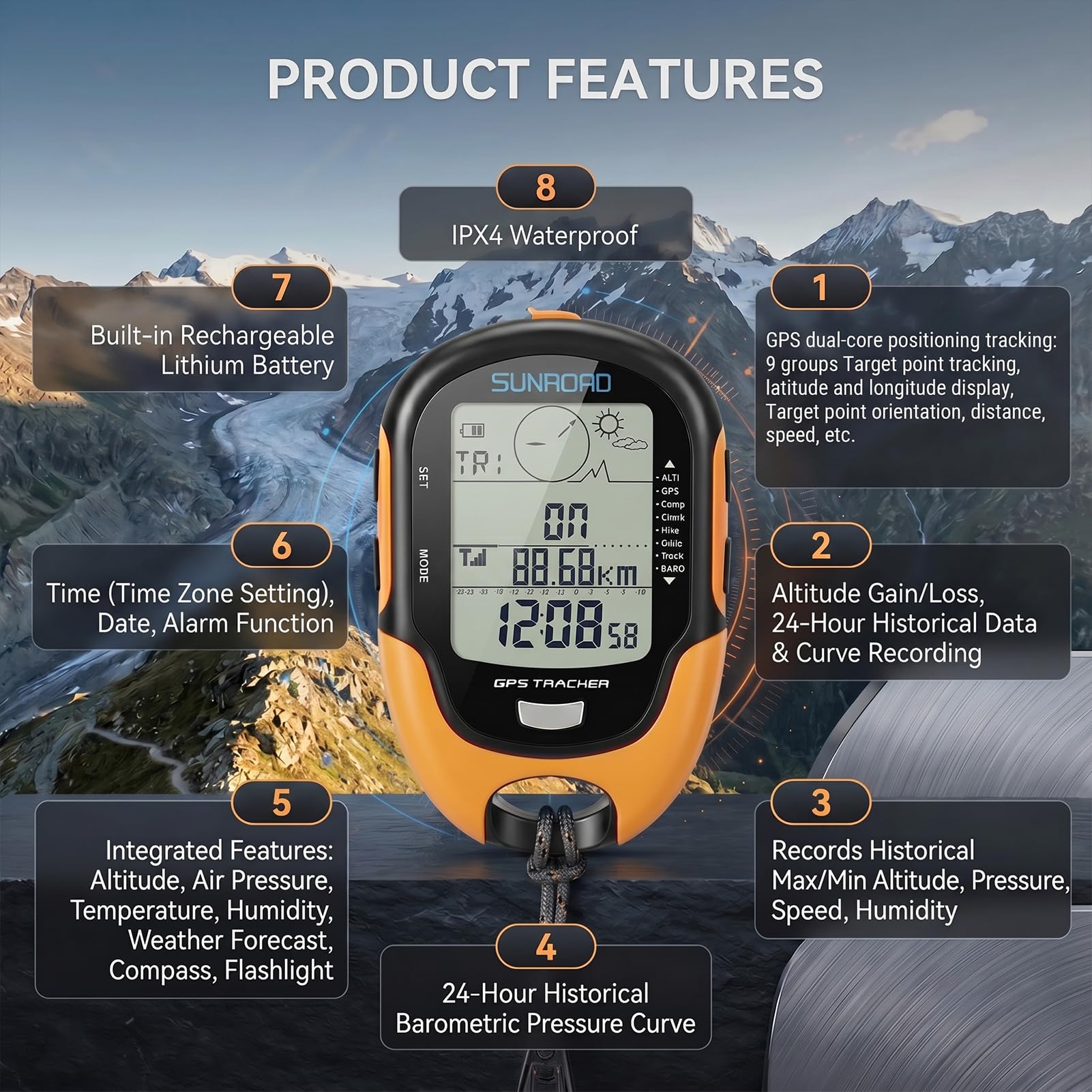 GPS Digitaler Höhenmesser, GPS-Barometer Multifunktional Kompass IPX4 Wasserdichter mit 9 Aufgezeichnete Routen, LED-Taschenlampe, Hochpräzisem Sensor für Outdoor-Aktivitäten