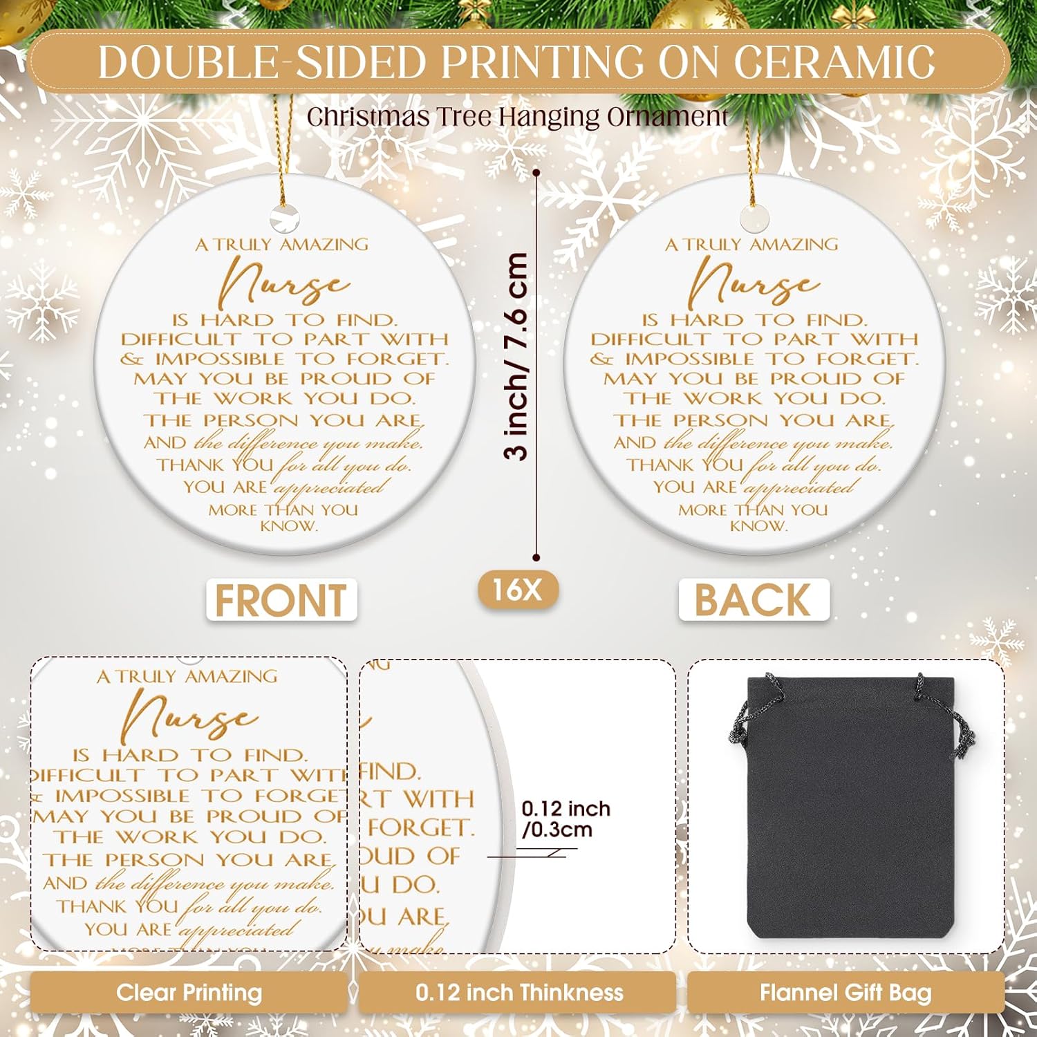 16 Pcs Nurse Appreciation Ceramic Ornaments, Thank You Keepsakes with Flannel Gift Bags, Nurses Day Nurses Week Gifts for Women Rn CNA Np, Hanging Decor for Office & Home (Round) - Image 2