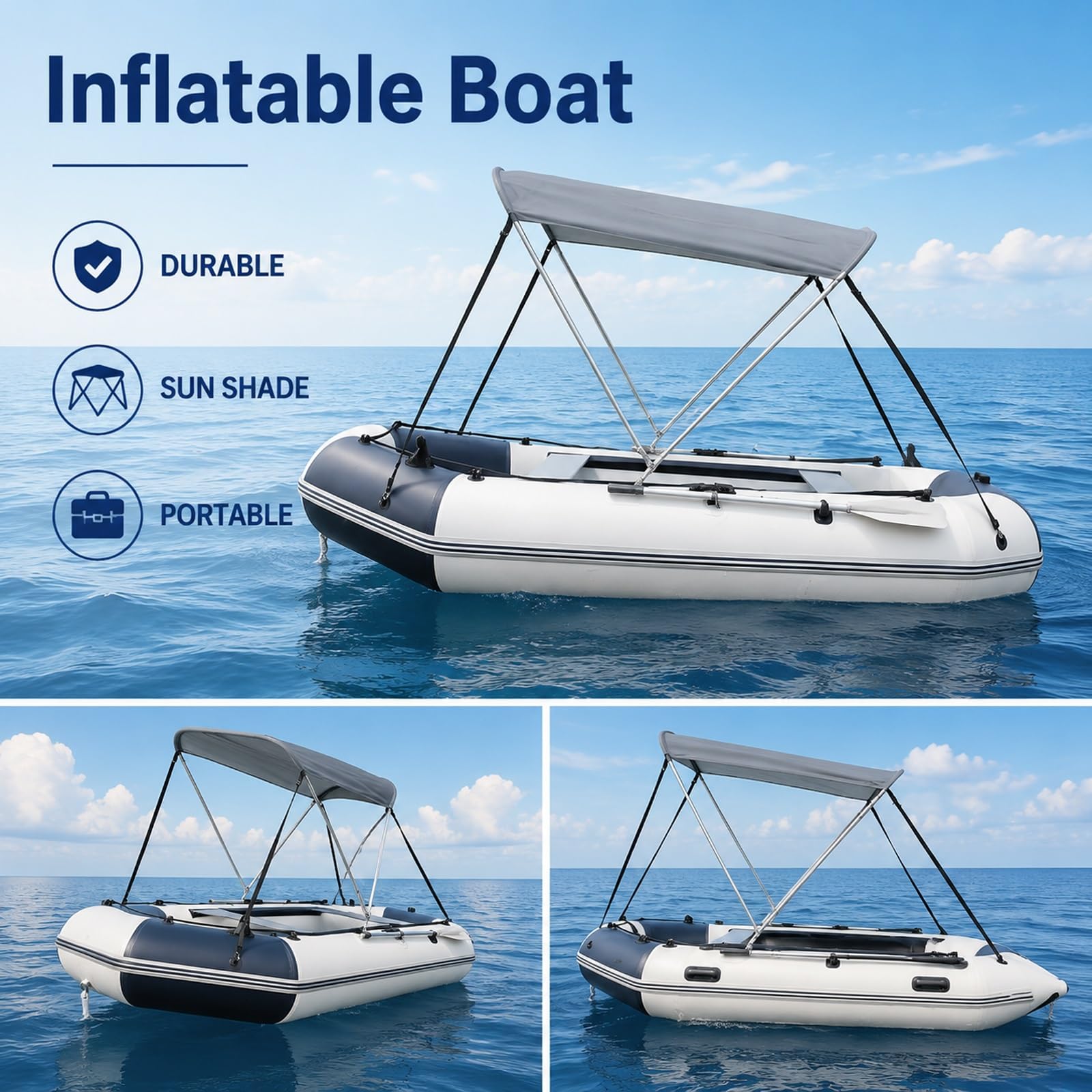 Tendalino Barca 2 Archi Larghezza 110-160cm Tendalino Gommone | Tessuto Oxford 600D, Lega di Alluminio, Leggero 3 Kg, per Kayak, Pesca e Tempo Libero, Adatto a Barche da 110 a 160cm