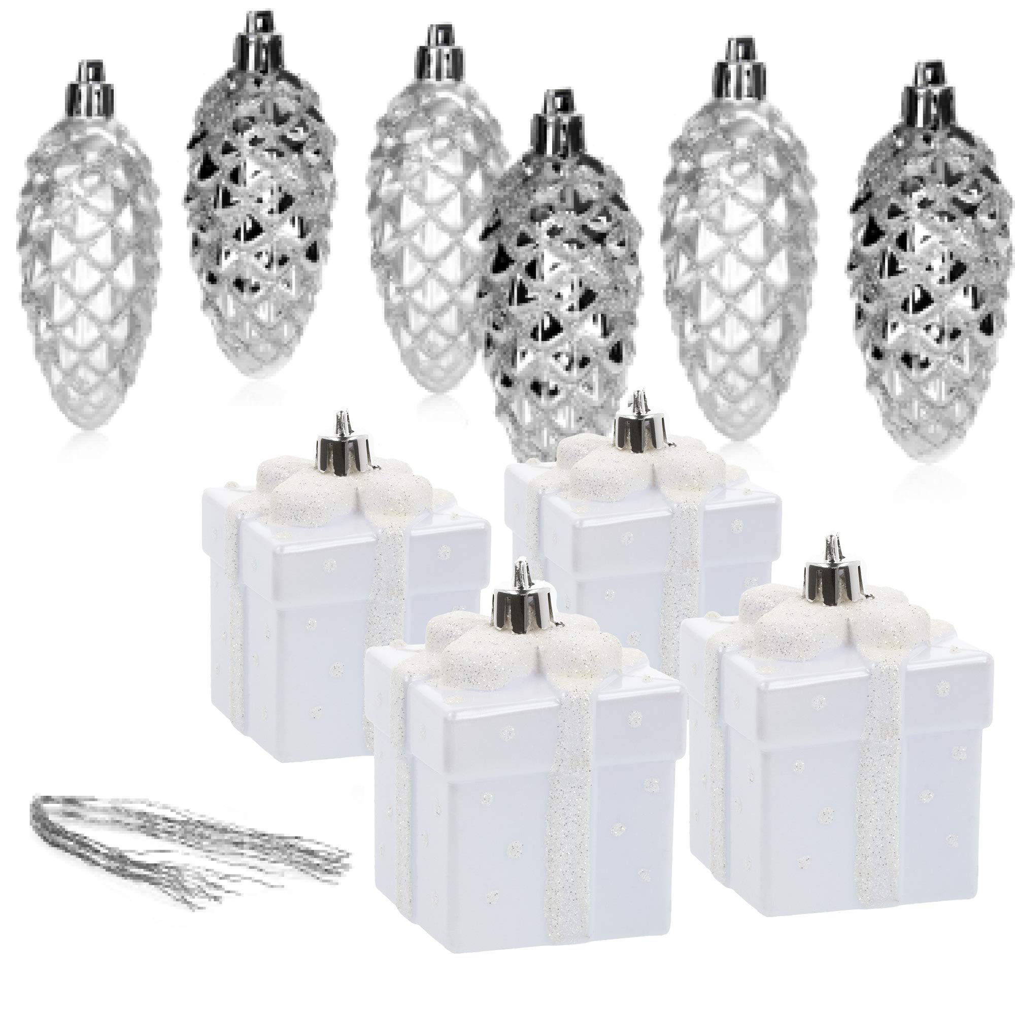 COM-FOUR® 10x Christmas tree pendant set Christmas tree cones and gifts in silver-colored, white unbreakable, Christmas tree decorations for Christmas tree decorations