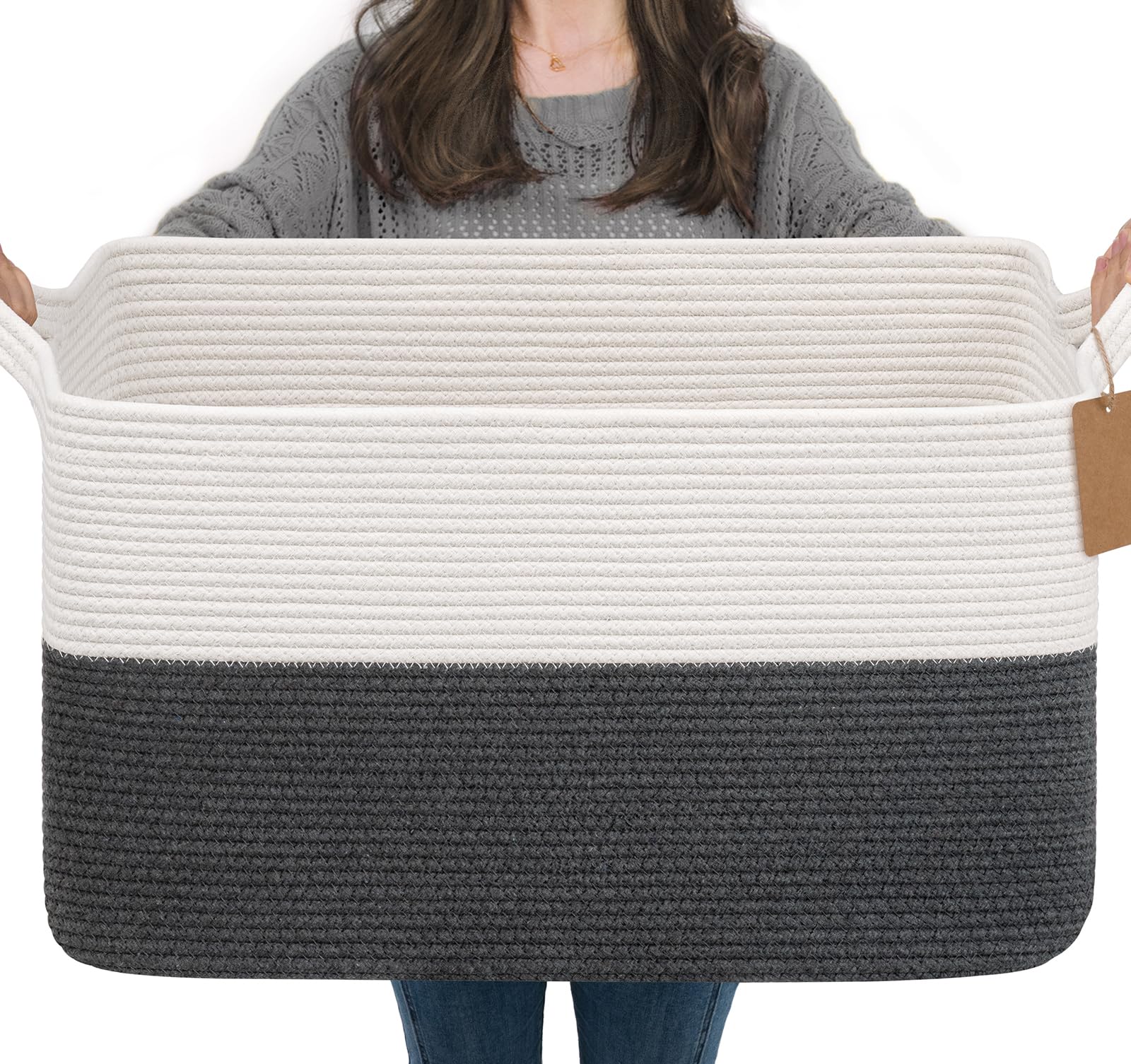 Goodpick 75L Extra Large Woven Rope Blanket Basket, Rectangle, Dark Gray