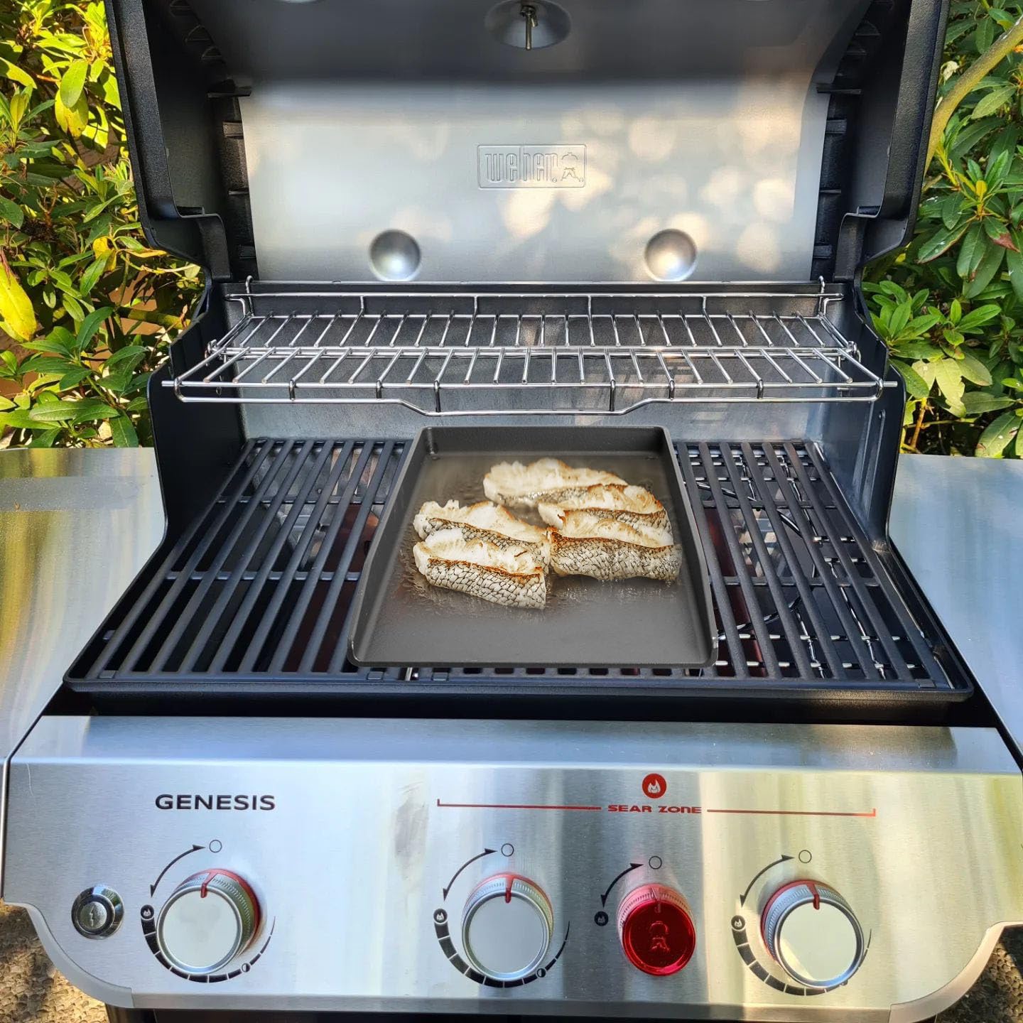 WELL GRILL Żeliwna płyta grillowa 44,5 x 26 cm z zestawem szpachli do grilla gazowego Weber Spirit 210 i 310, uniwersalna misa, akcesoria do grilla gazowego i grilla na węgiel drzewny
