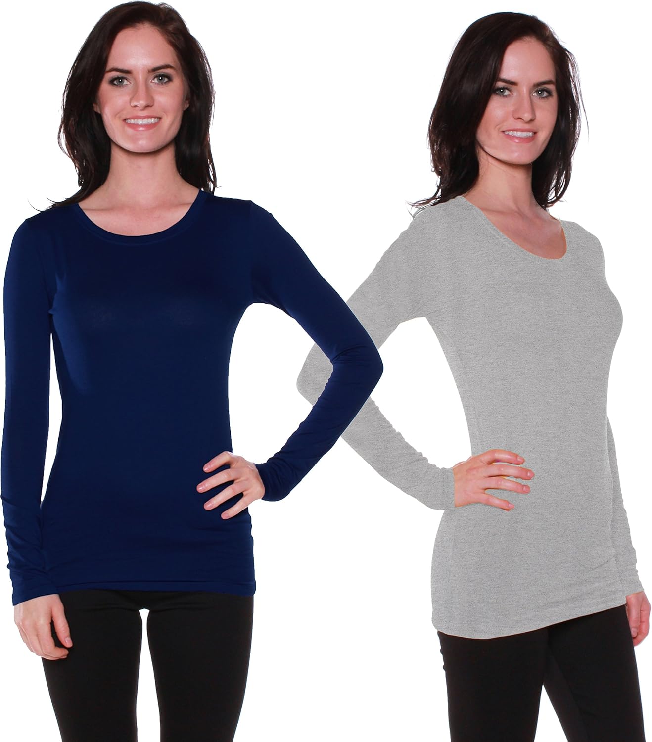 Active Basic Athletic Fitted Plain Long Sleeves Round Crew Neck T Shirt Top, Navy & H Grey, Small