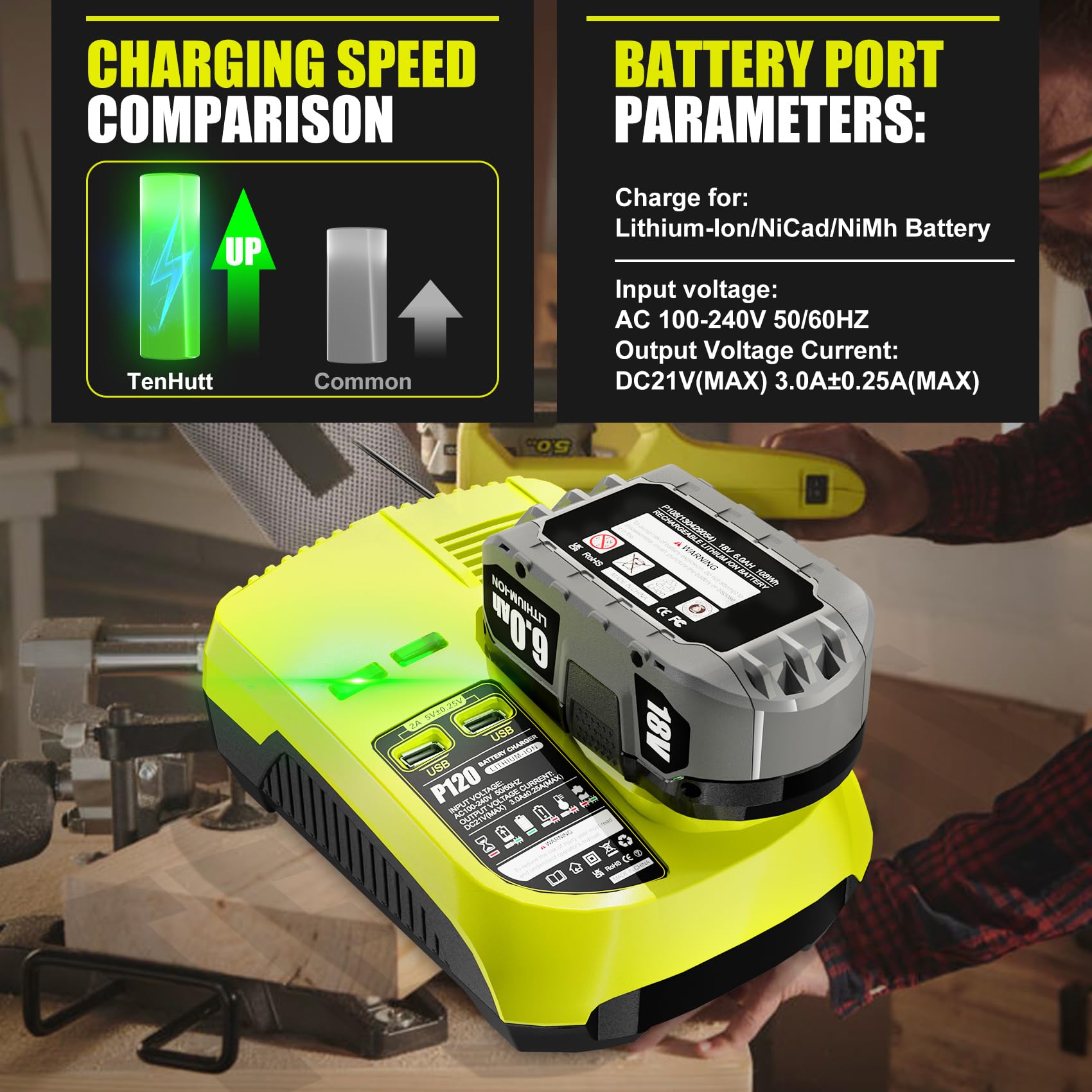 ?with 2 USB Port? Charger Replacement for Ryobi 18V Charger P117 Compatible with Ryobi 12V-18V One+ Lithium NiCad NiMh Battery P102 P108 P189 P197 P103 P105 P107 P190 P191 PBP002 PBP005