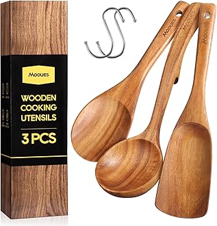 Wooden Spoons for Cooking, Wooden Cooking Utensils Set of 3 including Cooking Spoon, Rice Scooper, Soup Spoon Ladle - Nonstick Cookwares, BPA-Free, Heat Resistant Teak Wood Spoons for Kitchen Use