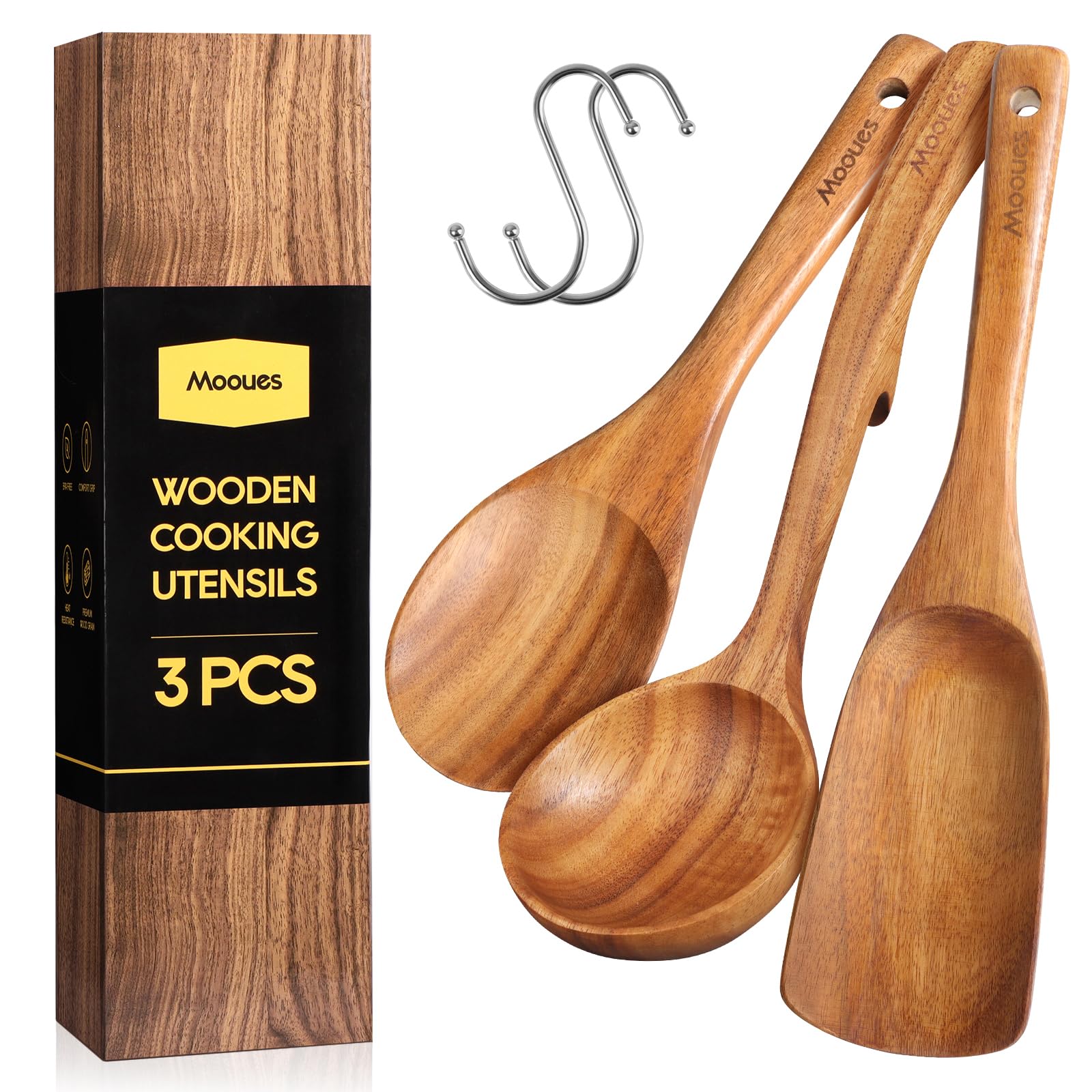 Wooden Spoons for Cooking, Wooden Utensils for Cooking Natural Teak Wooden Kitchen Utensils Set Comfort Grip (3 PCS)