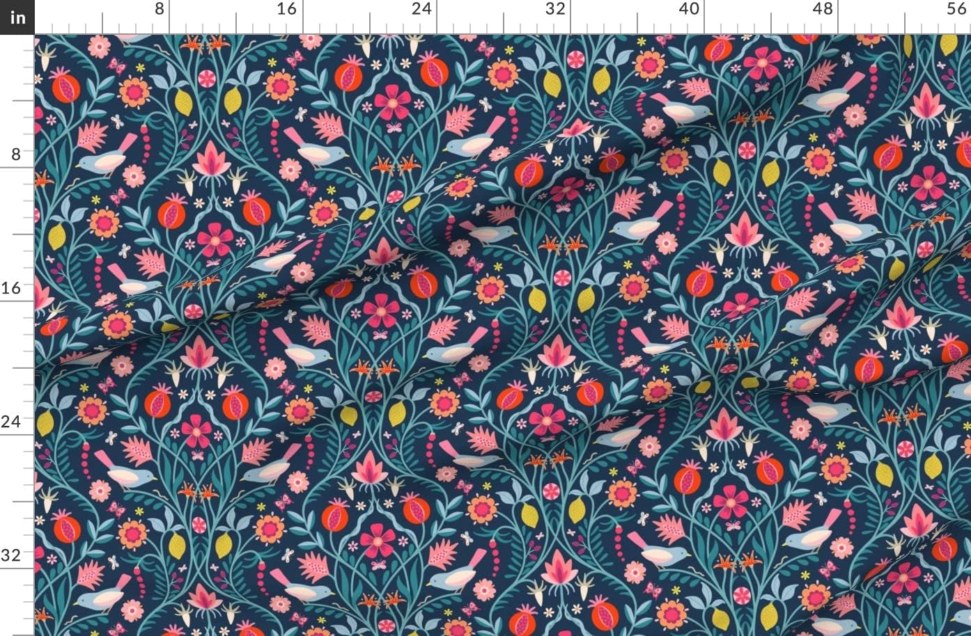 Spoonflower Fabric - Modern Damask Pink Blue Bird Butterflies Red Floral Fruit Folk Art Printed on Cotton Poplin Fabric by The Yard - Sewing Shirting Quilting Dresses Apparel Crafts
