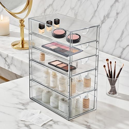 Miniatura 2 de Prsildan Organizador de maquillaje acrílico con 5 cajones, organizador de accesorios para el cabello, organización de escritorio de oficina, cajones