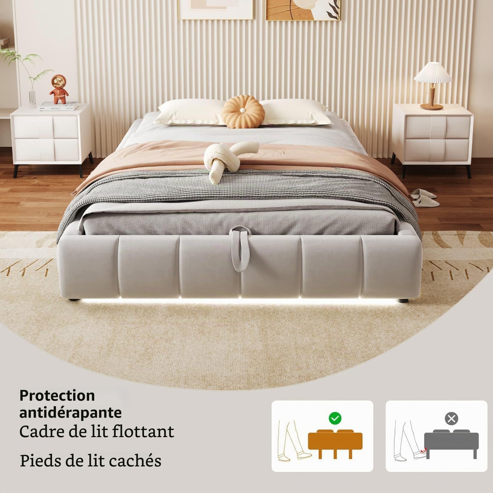 EURHCIO Lit Coffre 140x200 sans Tête de lit,Cadre de Lit 2 Personnes avec Effet Flottant,éclairage LED,Espace de Rangement Hydraulique,pour Adulte Ado,Flanelle(Beige, 140x200)