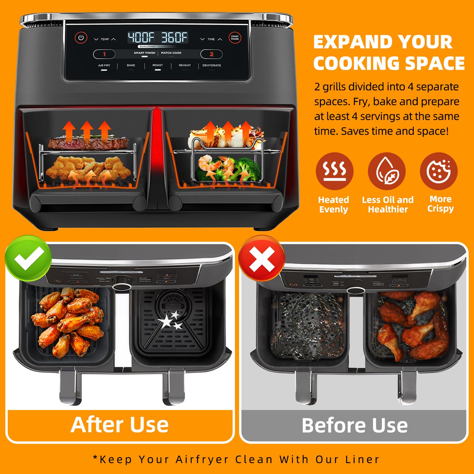 HONYAO Akcesoria do Frytkownicy na Gorące Powietrze, 4 sztuk Silikonowa Frytkownica Akcesoria do Ninja AF400EU DZ400EU SL400EU, Ruszt do Grillowania Akcesoria AirFryer do Dual Zone 8L-10L