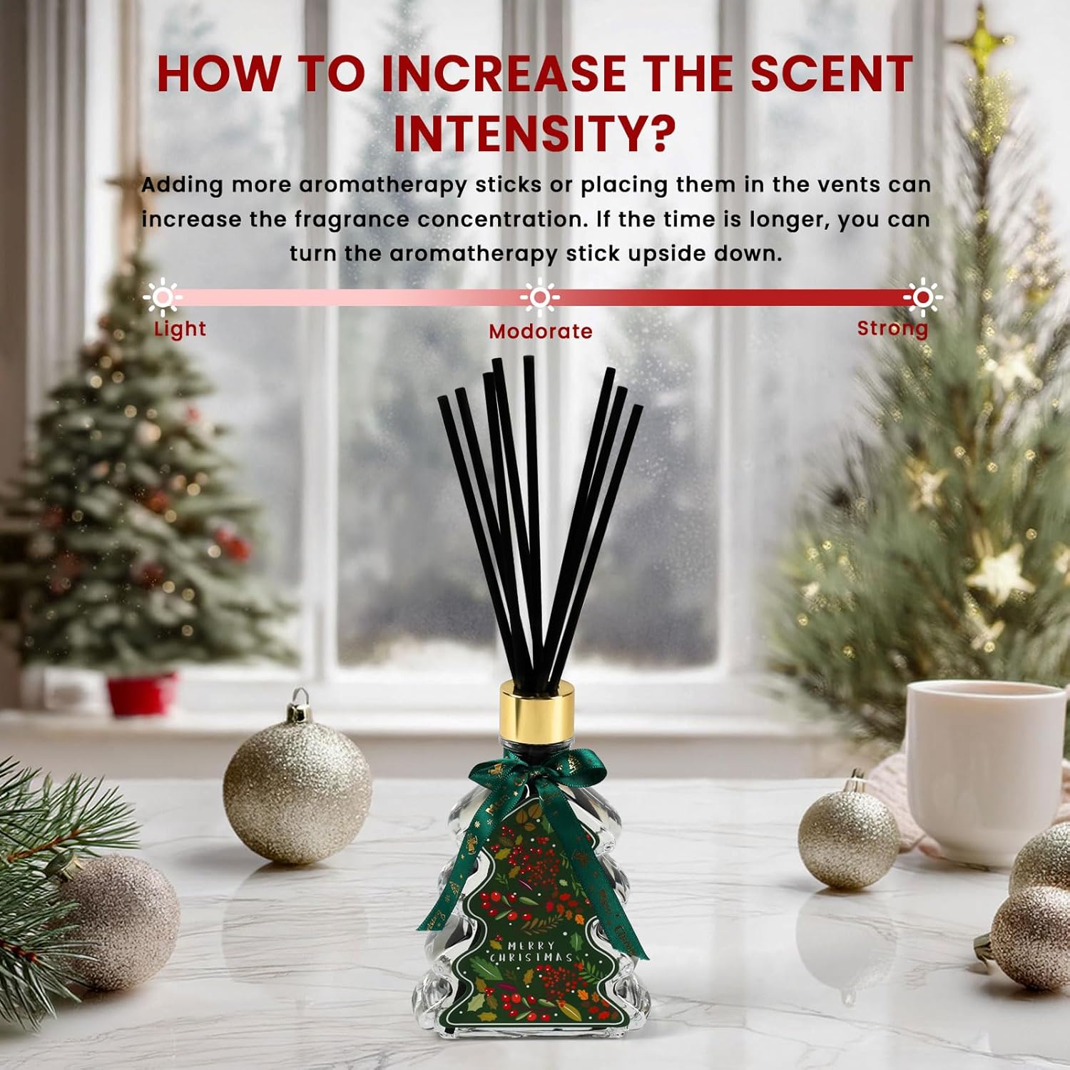Brakula Christmas Reed Diffuser Set, Fireside Juniper & Balsam Scented, 8 Diffuser Sticks with Christmas Bottle Design, Home Decor Bedroom Living Room Office (6.09oz) - Image 4