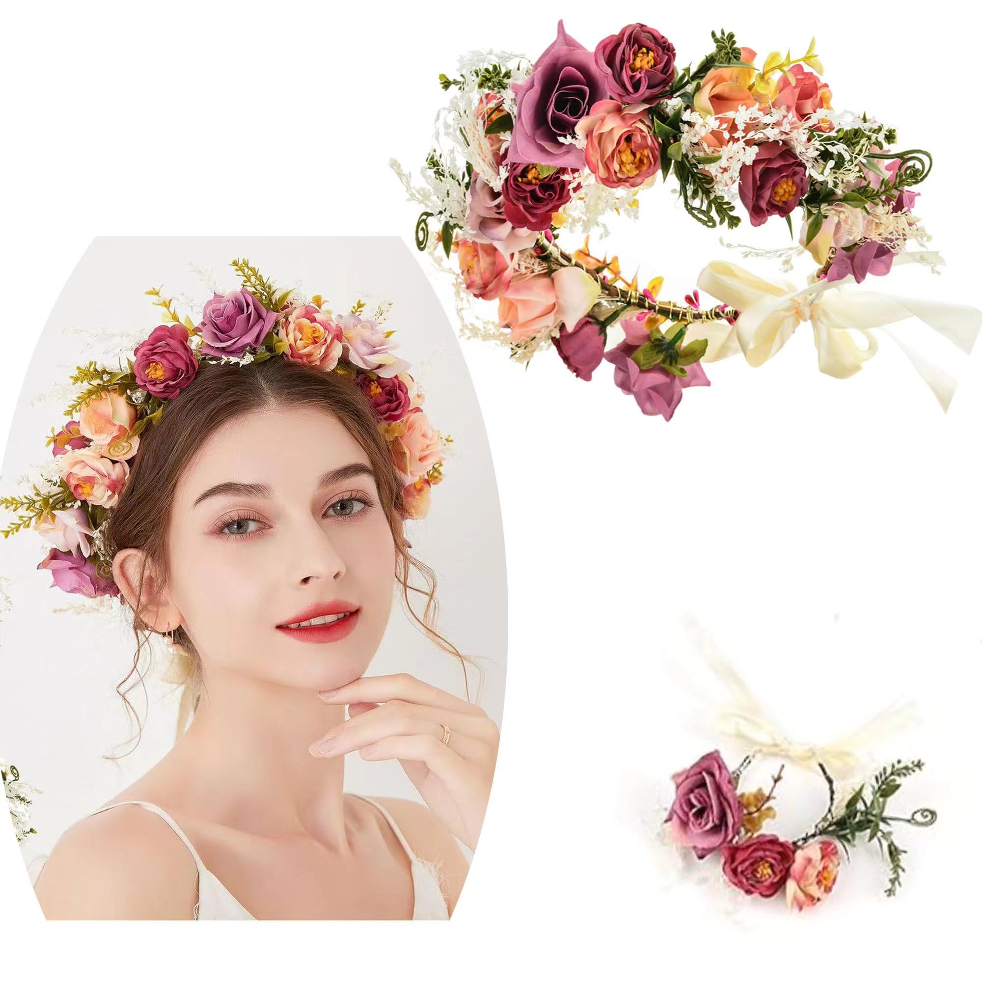Jiahuade Flower Headband Garland, Crown Flower Hair, Garland Headdress and Bracelet Set, Flower Headband with Ribbon