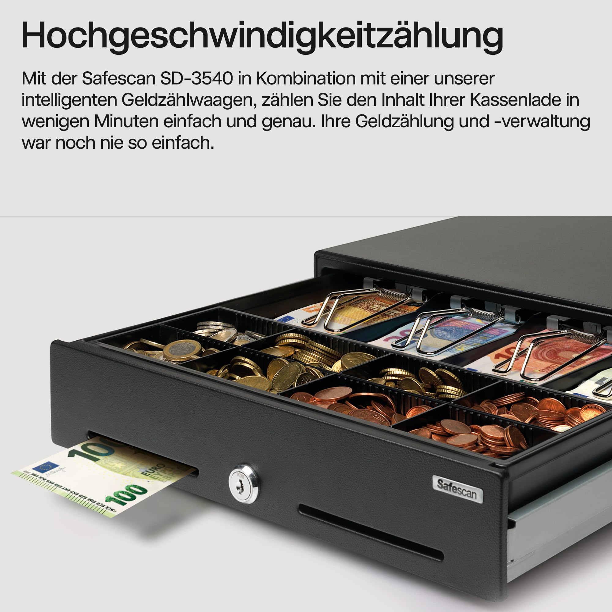 Safescan SD-3540 Standard-Duty Kassenschublade mit 4 Fächern für Banknoten und 8 für Münzen - Kassenlade mit RJ-12 Anschluss (z.B. Registrierkasse) - Solide Kassenschublade von 35 x 40,5 x 10,5 cm | SAFESCAN SD-3540, 8 Münzfächer / 4 Banknotenfächer