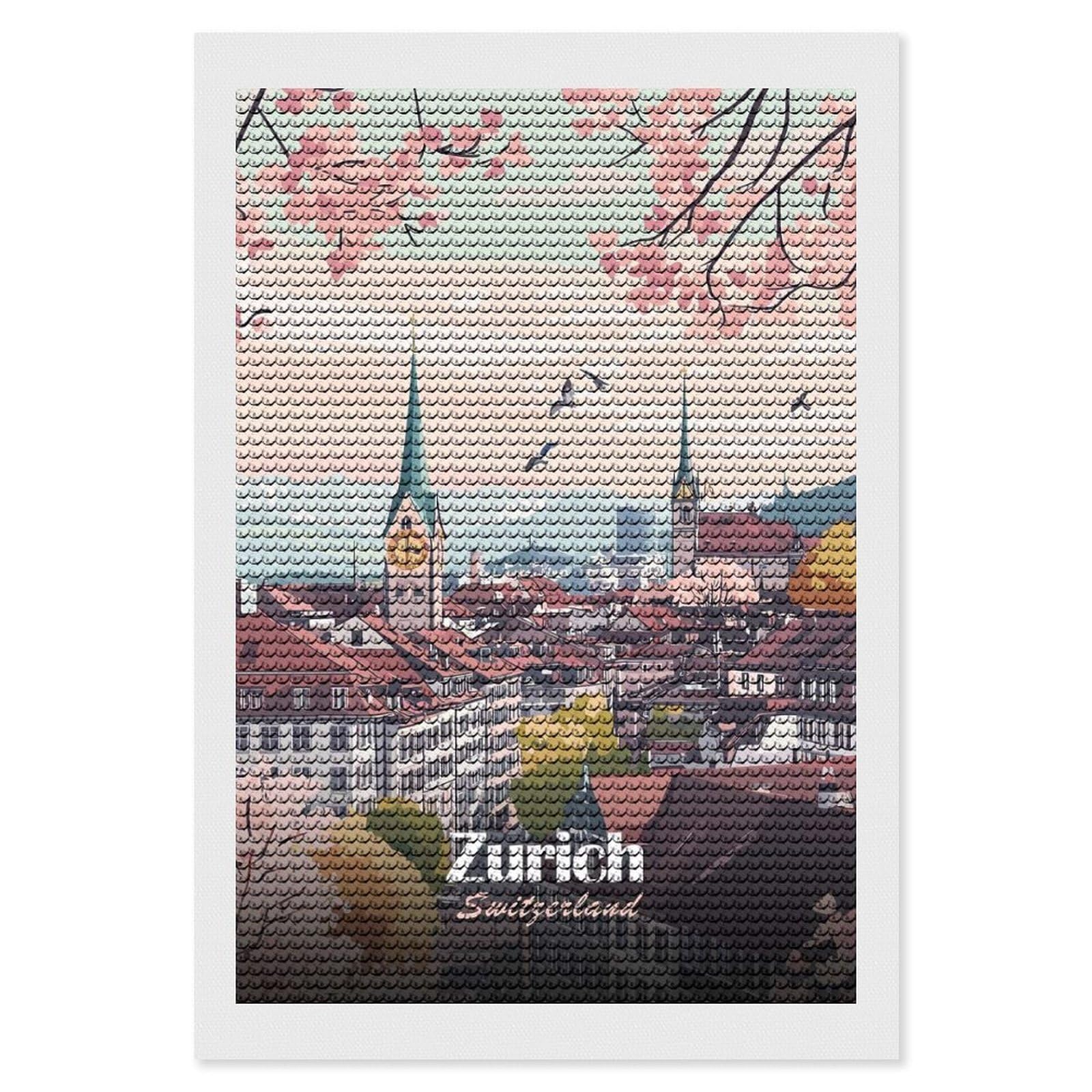 Junmoney Zurich Cityscape Diamond Painting Canvas Set 8"x12", for Women, Pleasing Wall Art Project, Aesthetic Room Decor, Gift Idea